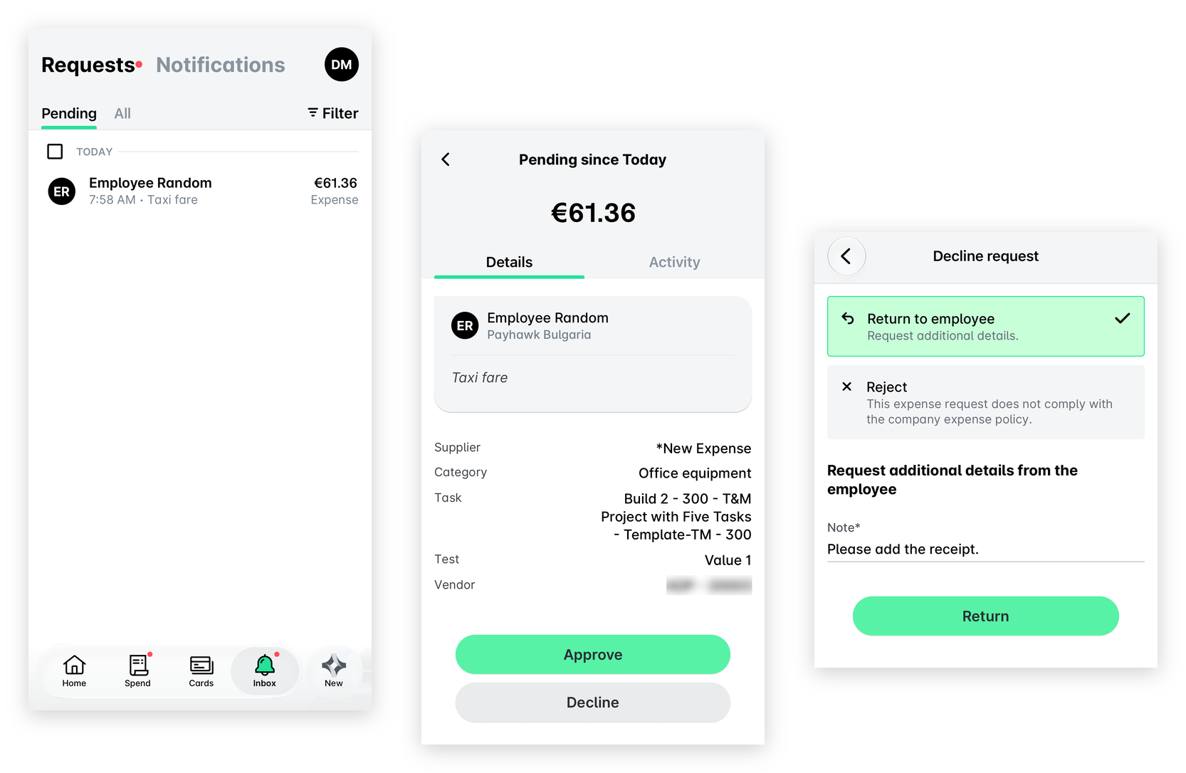 Payhawk Mobile App: a pending expense request in the Inbox, its details with the Decline button, and the Decline request screen with Return to employee selected, a note and the Return button.