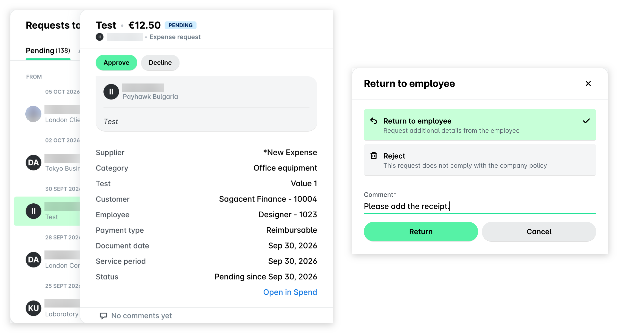 Payhawk Web Portal Inbox: a pending expense request with the Approve and Decline buttons, and the Return to employee panel with Return to employee selected, a comment and the Return button.