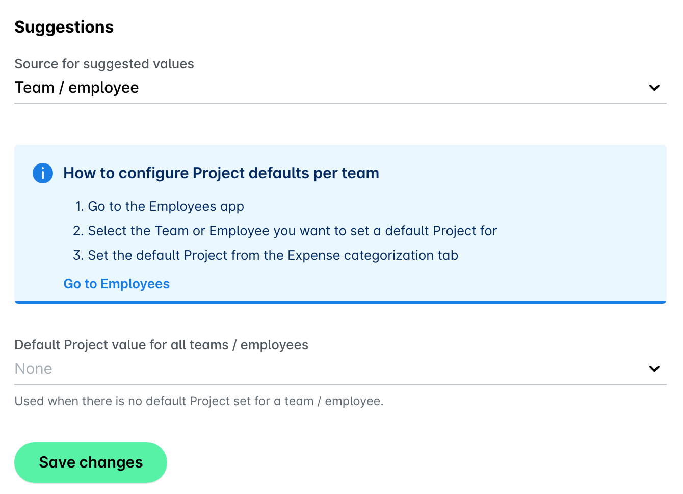 Field settings with the Suggestions option set to Team / employee.