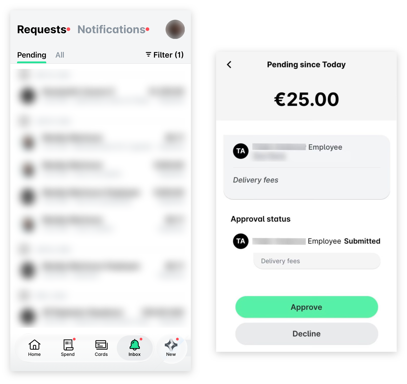 Mobile app Inbox with the pending requests list, and an open fund request with the Approve and Decline buttons.