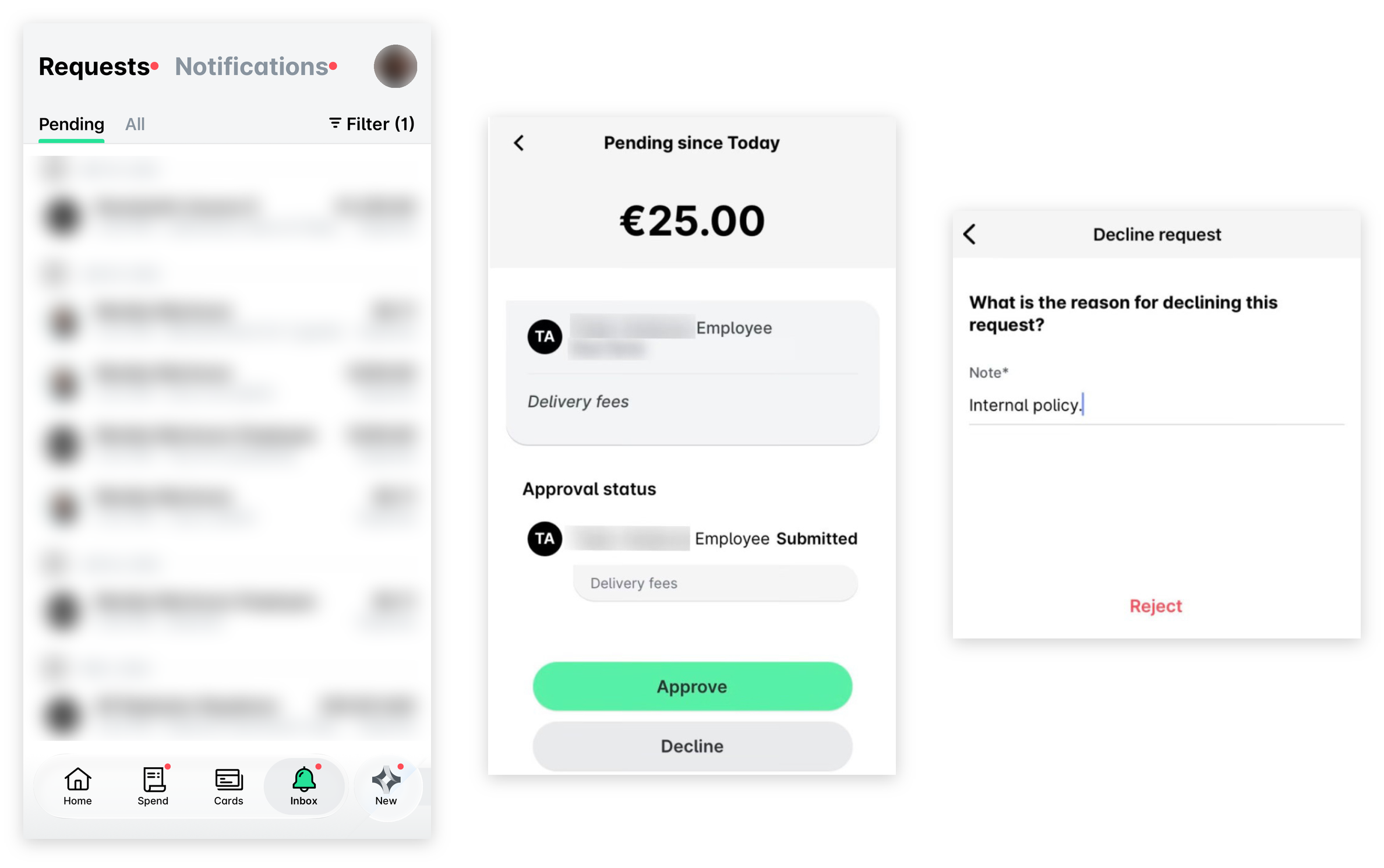 Mobile app Inbox with pending requests, an open fund request with the Decline button, and the Decline request screen with a note and the Reject button.