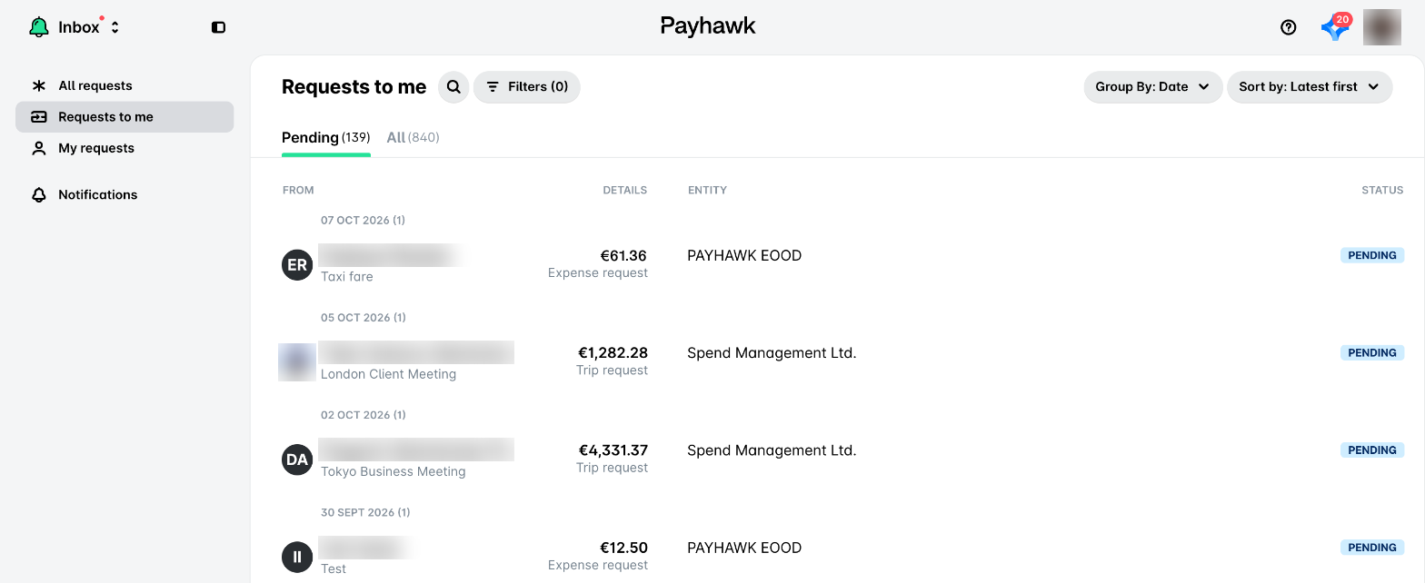 Payhawk Web Portal Inbox, Requests to me, Pending: a list of pending expense and trip requests with their amounts, entity and status.