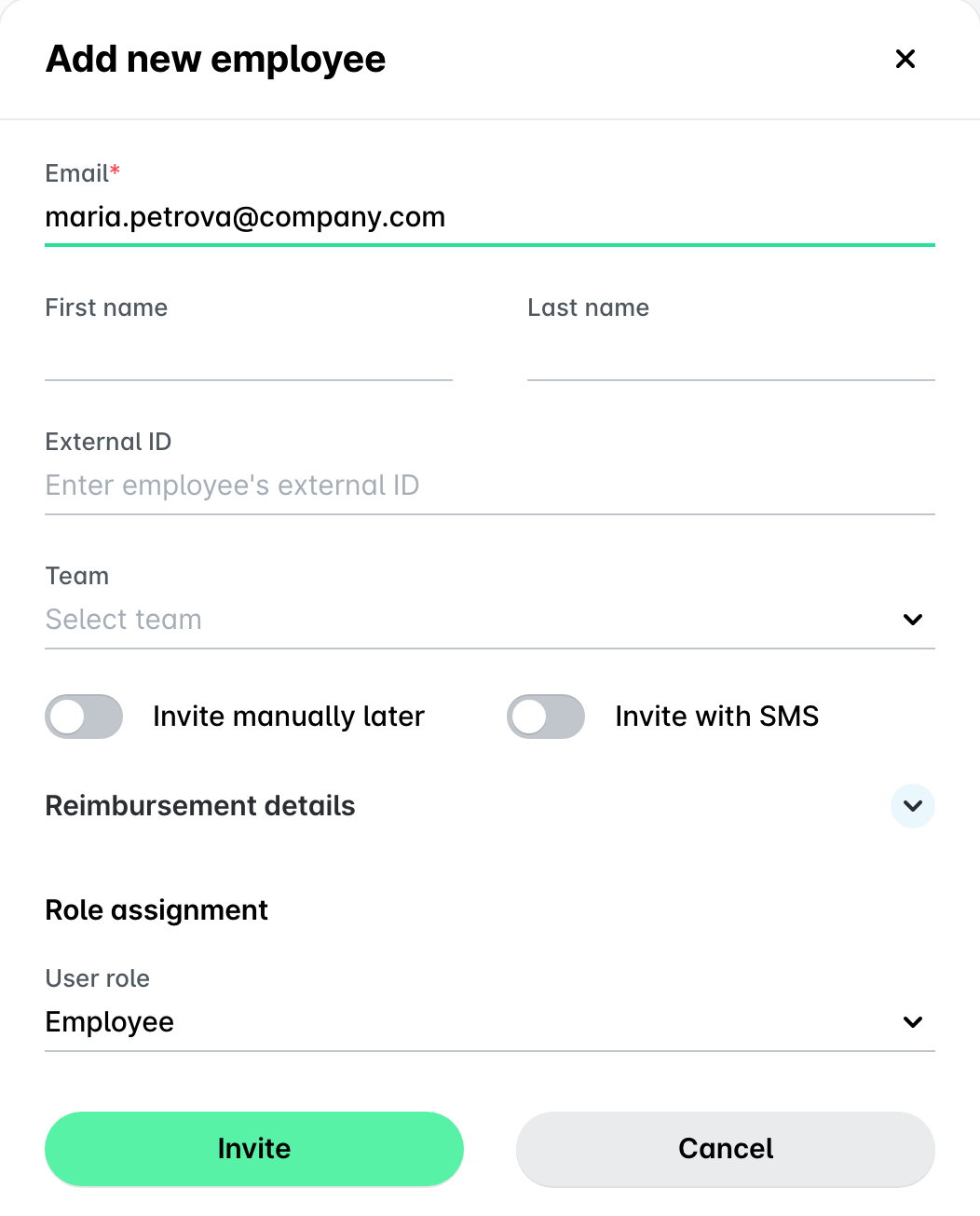 The Add new employee panel with the employee email, name, team and user role fields.