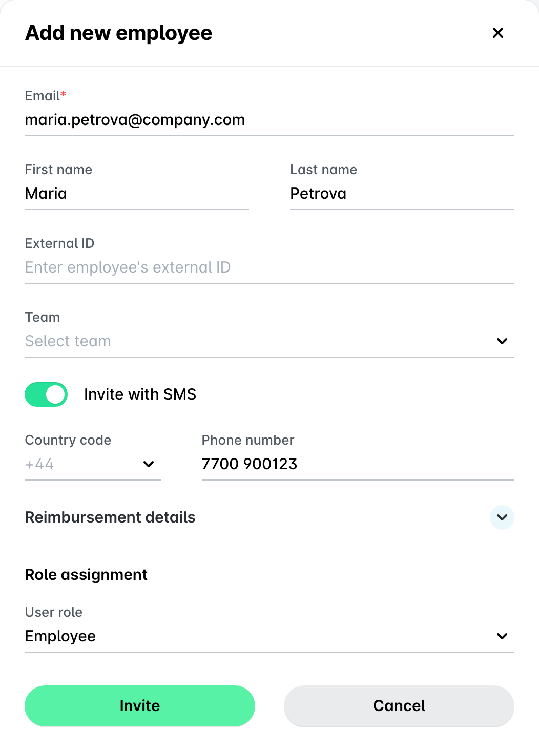 The Add new employee panel with the Invite with SMS toggle on and the country code and phone number fields filled in.