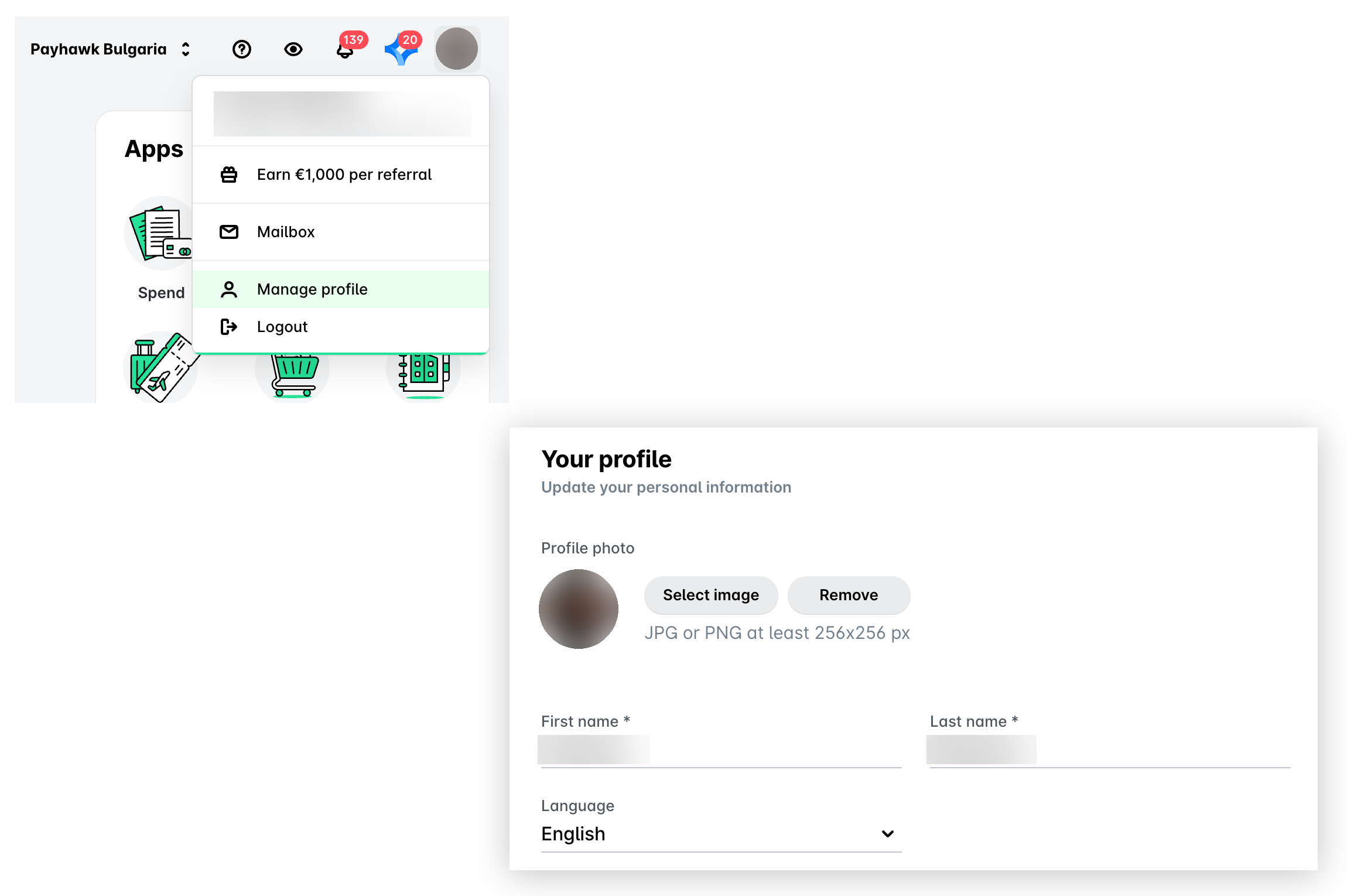 Payhawk Web Portal: the menu under your profile picture with Manage profile highlighted, and the Your profile screen with the Language drop-down list.