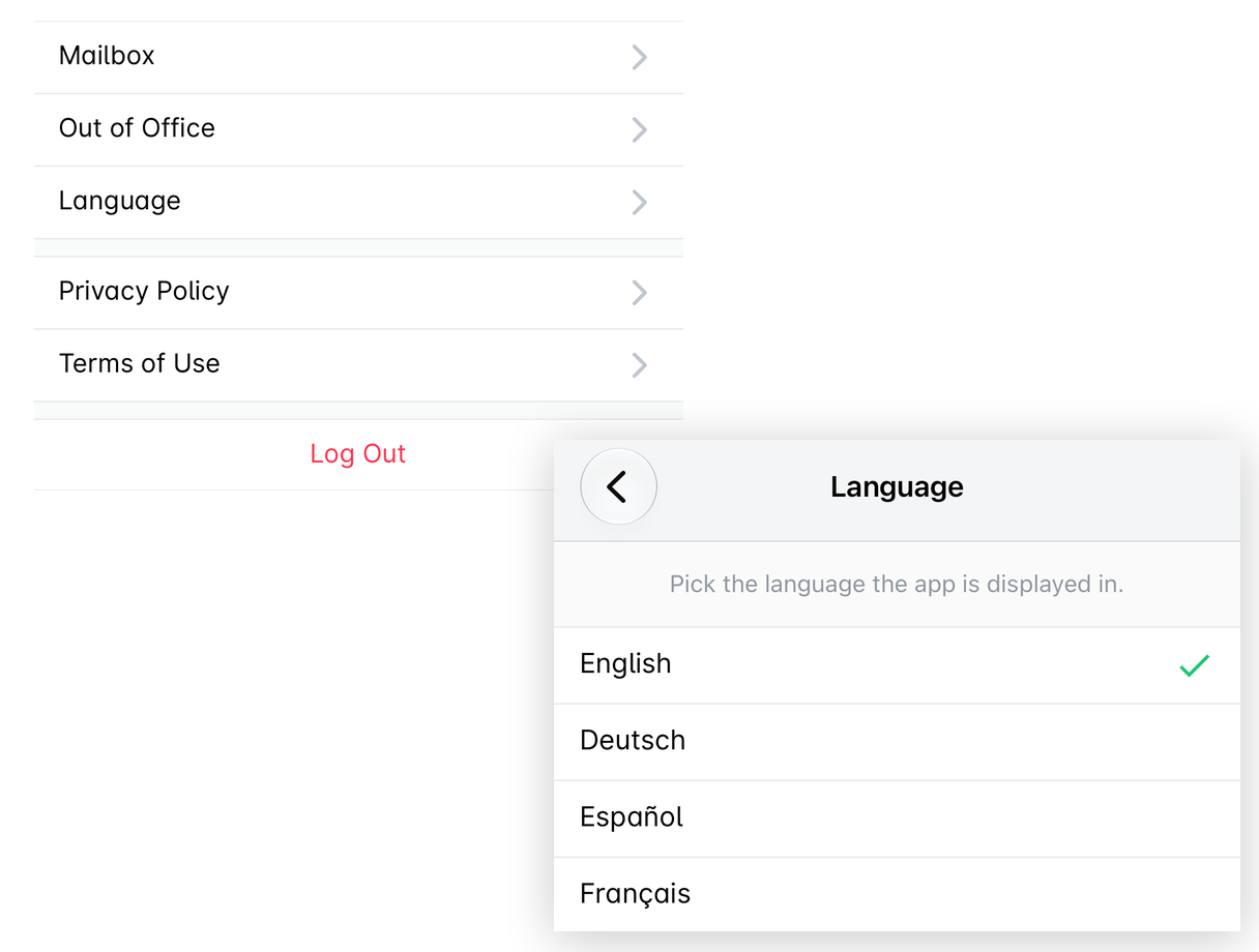 Payhawk Mobile App: the Settings screen with the Language option, and the Language screen listing English, Deutsch, Español and Français.