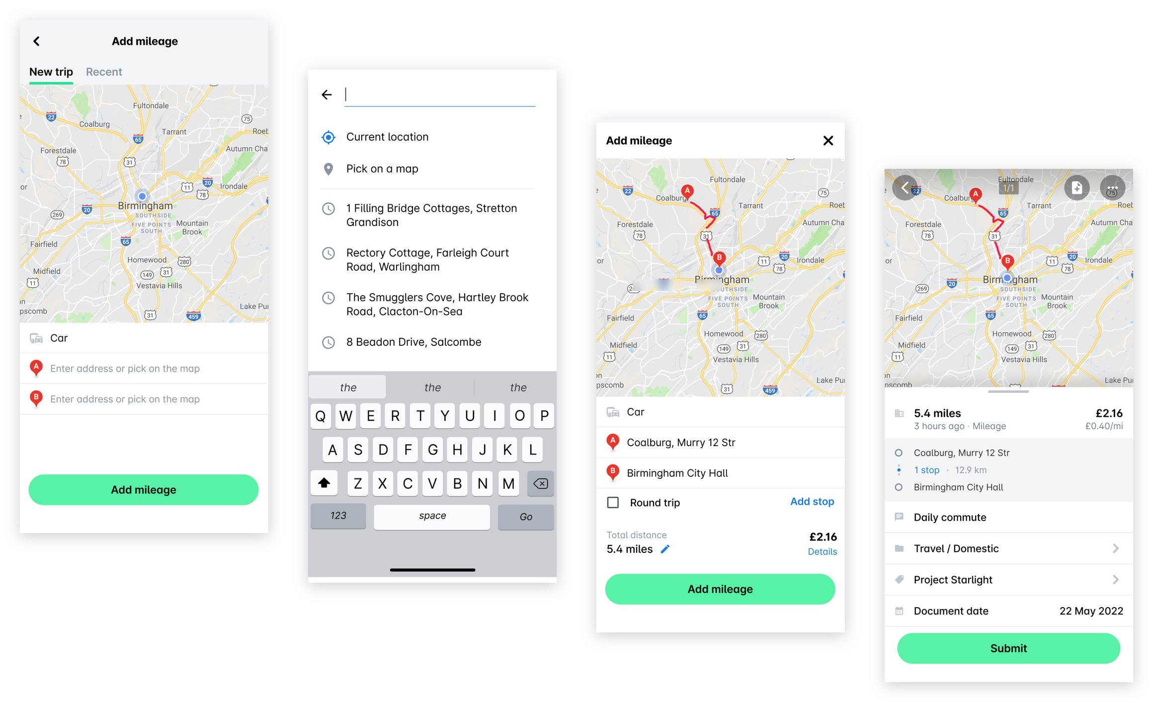 Payhawk Mobile App: the Add mileage screen, the address search, the route with the Add mileage button, and the mileage expense ready to submit.