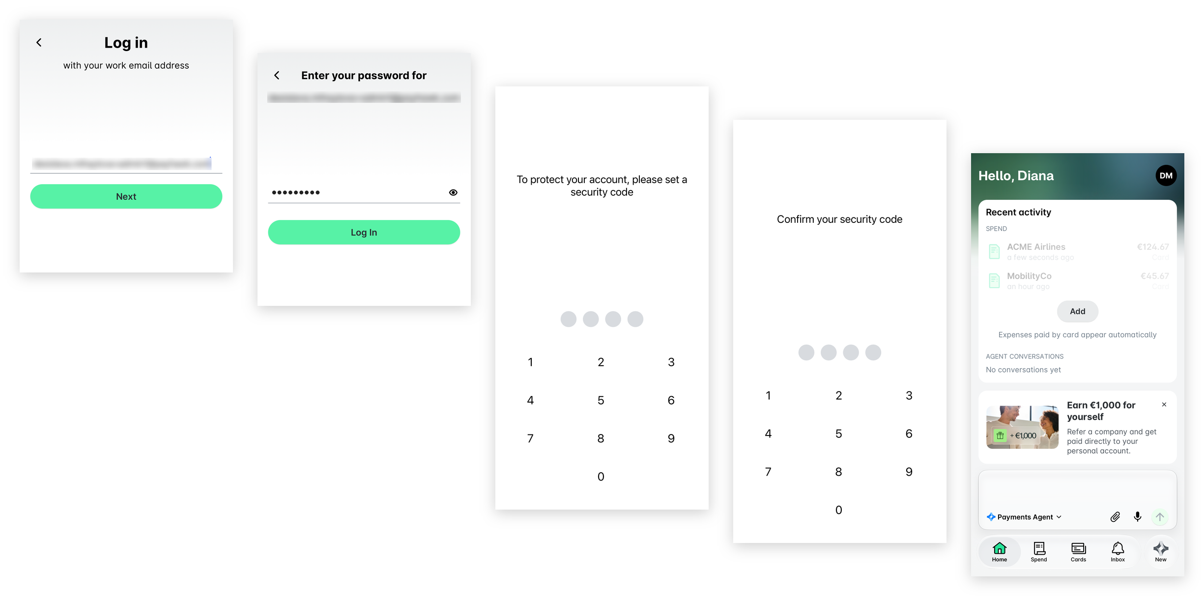 Payhawk Mobile App login: the work email screen, the password screen, setting and confirming a four-digit security code, and the Home screen.
