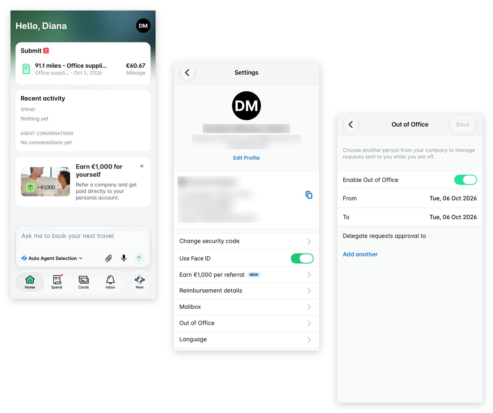 Payhawk Mobile App: the Home screen with the profile icon, the Settings screen with Out of Office, and the Out of Office screen with the toggle switched on, From and To dates, and Add another.