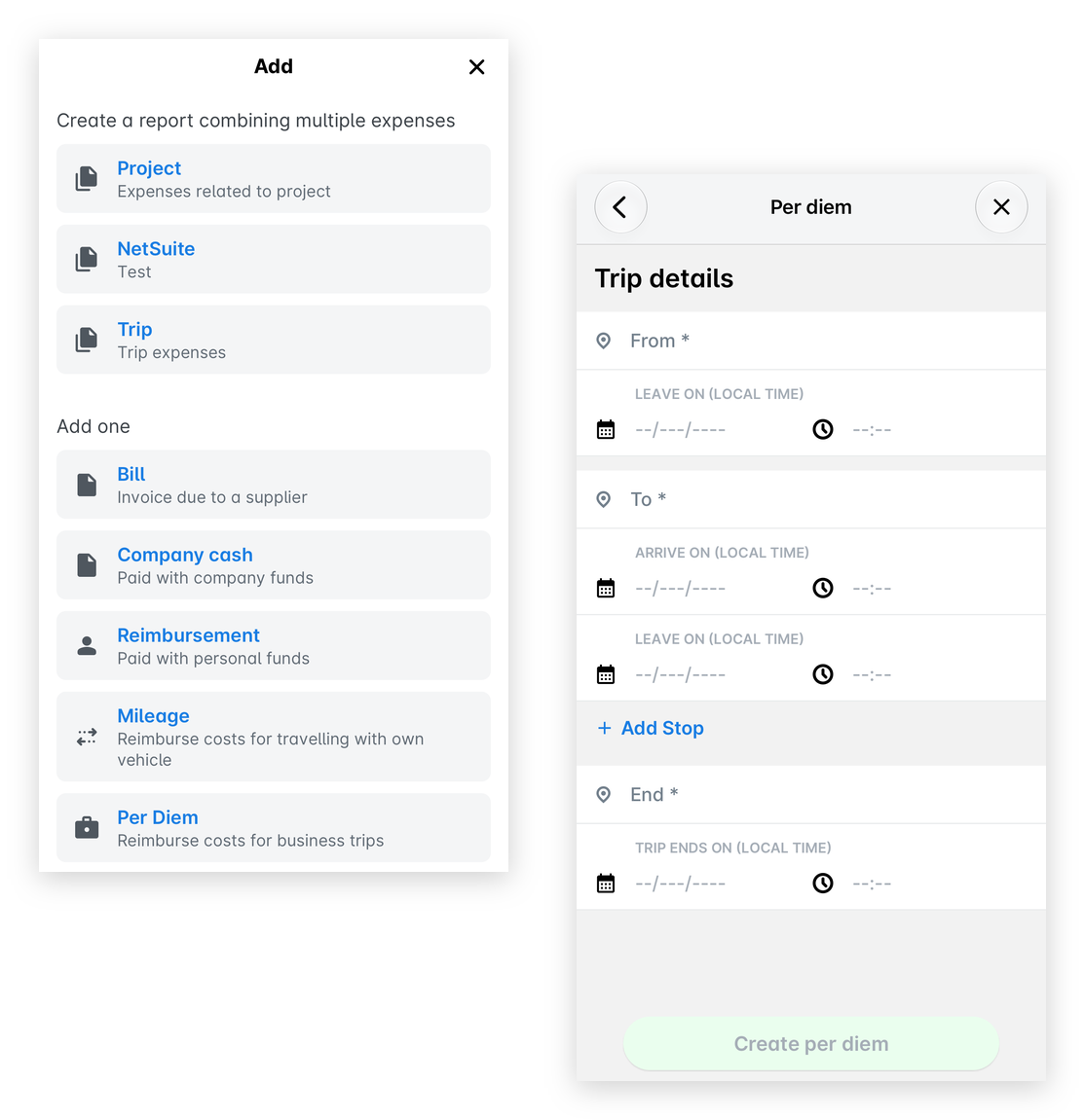 Payhawk Mobile App: the Add menu with Per Diem selected, and the Per diem screen with the trip details and the Create per diem button.