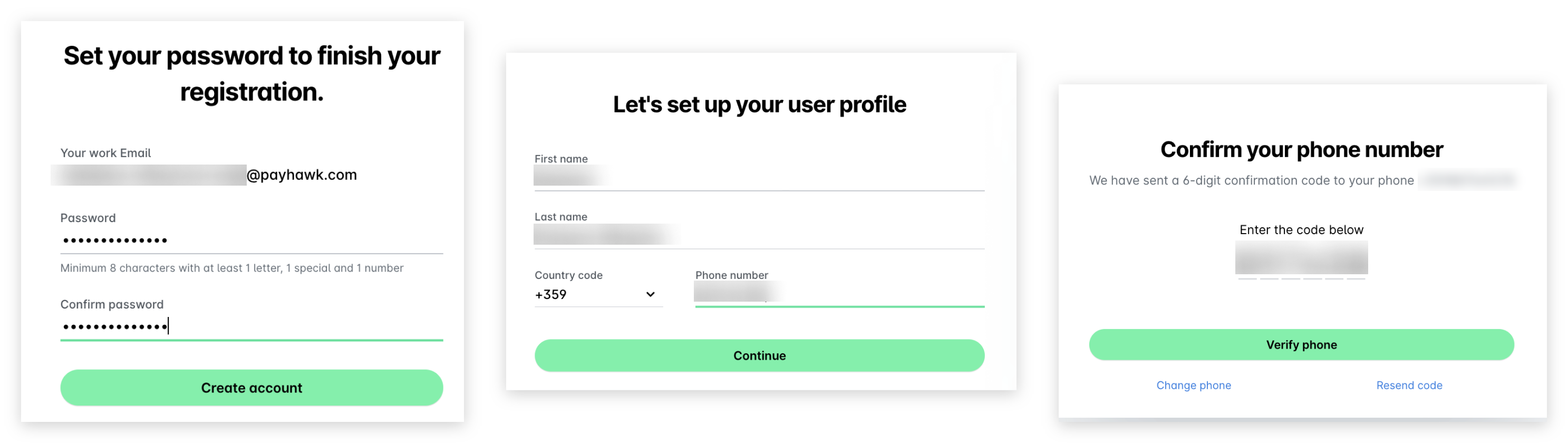 Payhawk Web Portal registration: setting a password, filling in the user profile, and confirming the phone number with a 6-digit code.