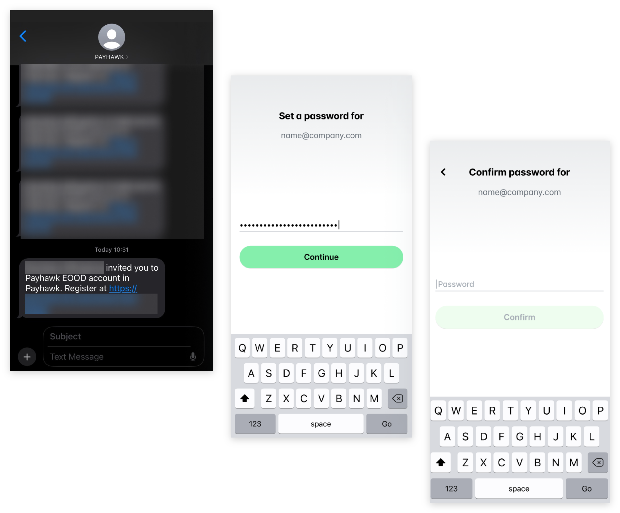 The Payhawk invitation SMS with the registration link, then the Set a password screen with Continue, then the Confirm password screen with Confirm.