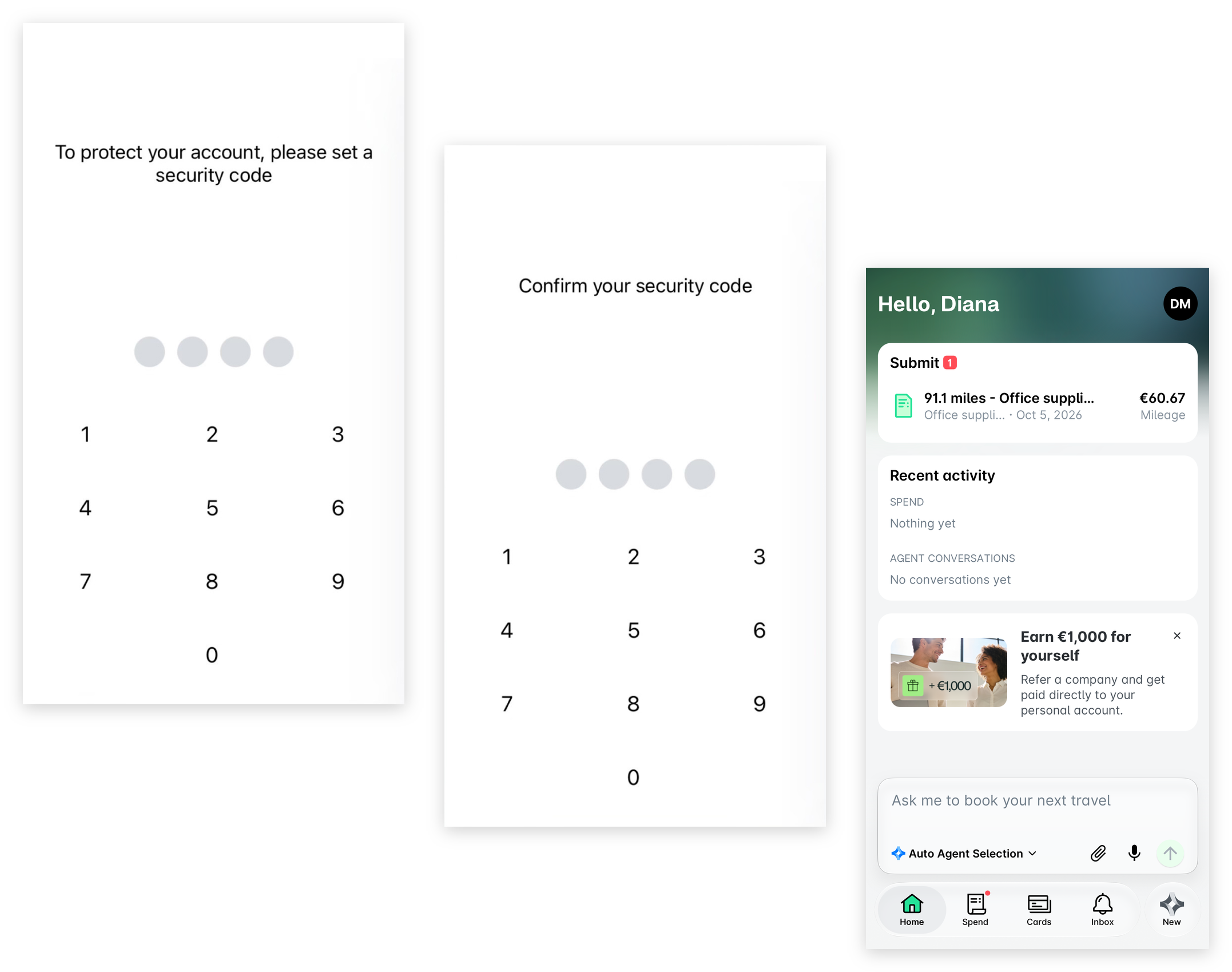 Payhawk mobile app: the screen to set a four-digit security code, the screen to confirm it, and the Home screen that opens afterwards.