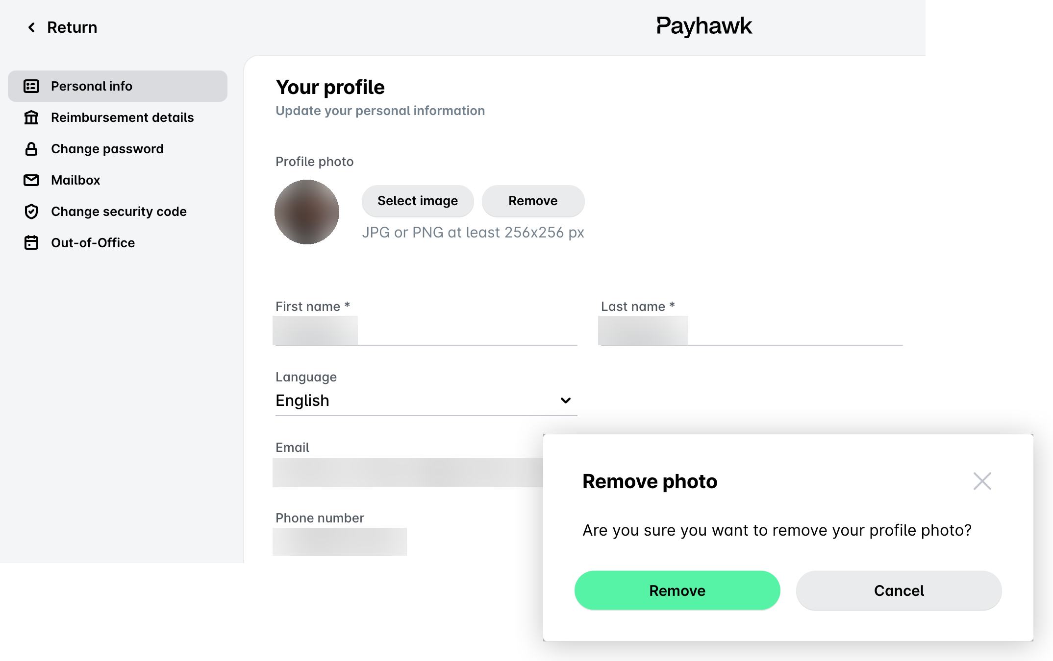 Seite Ihr Profil im Payhawk-Webportal mit dem Dialog Foto entfernen, der um Bestätigung bittet, mit den Schaltflächen Entfernen und Abbrechen.