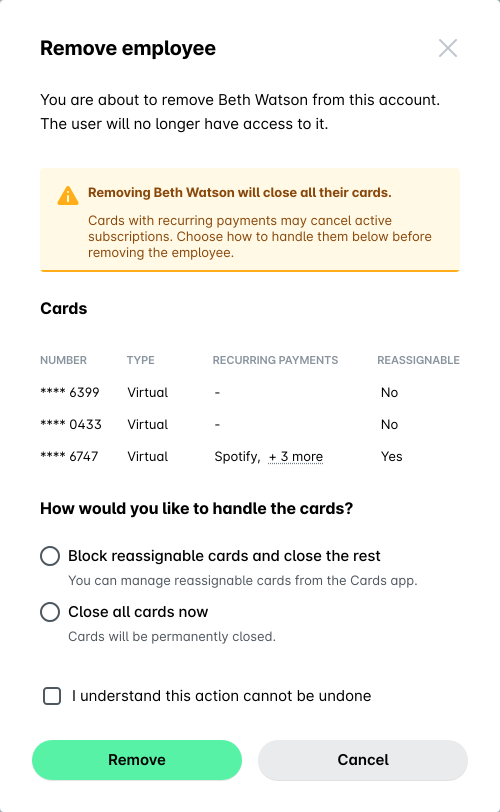 The Remove employee dialog listing the employee's cards, one with recurring payments, and the options to block reassignable cards and close the rest or close all cards now.