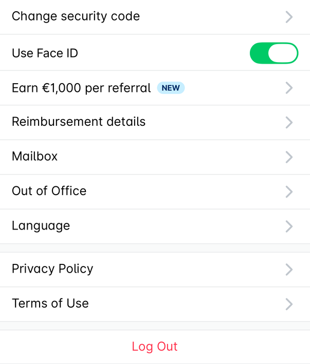 Payhawk Mobile App Settings screen with Change security code at the top of the list.