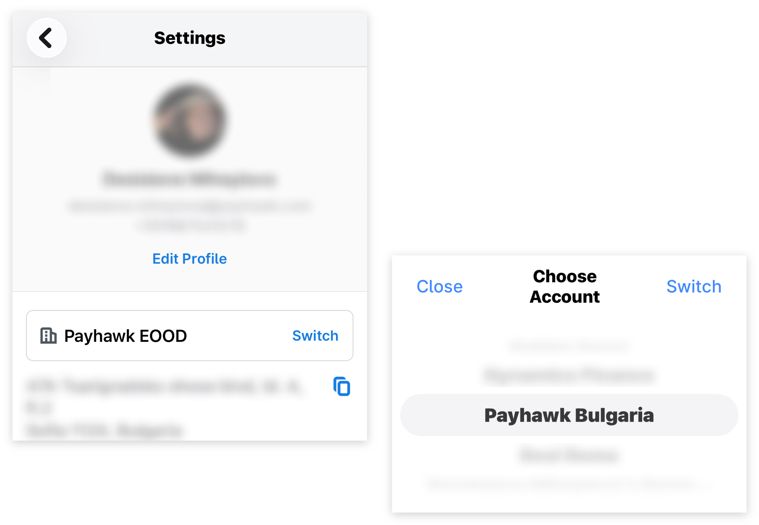 Payhawk Mobile App Settings screen showing the current entity with Switch, and the Choose Account sheet with another entity selected and the Switch button.