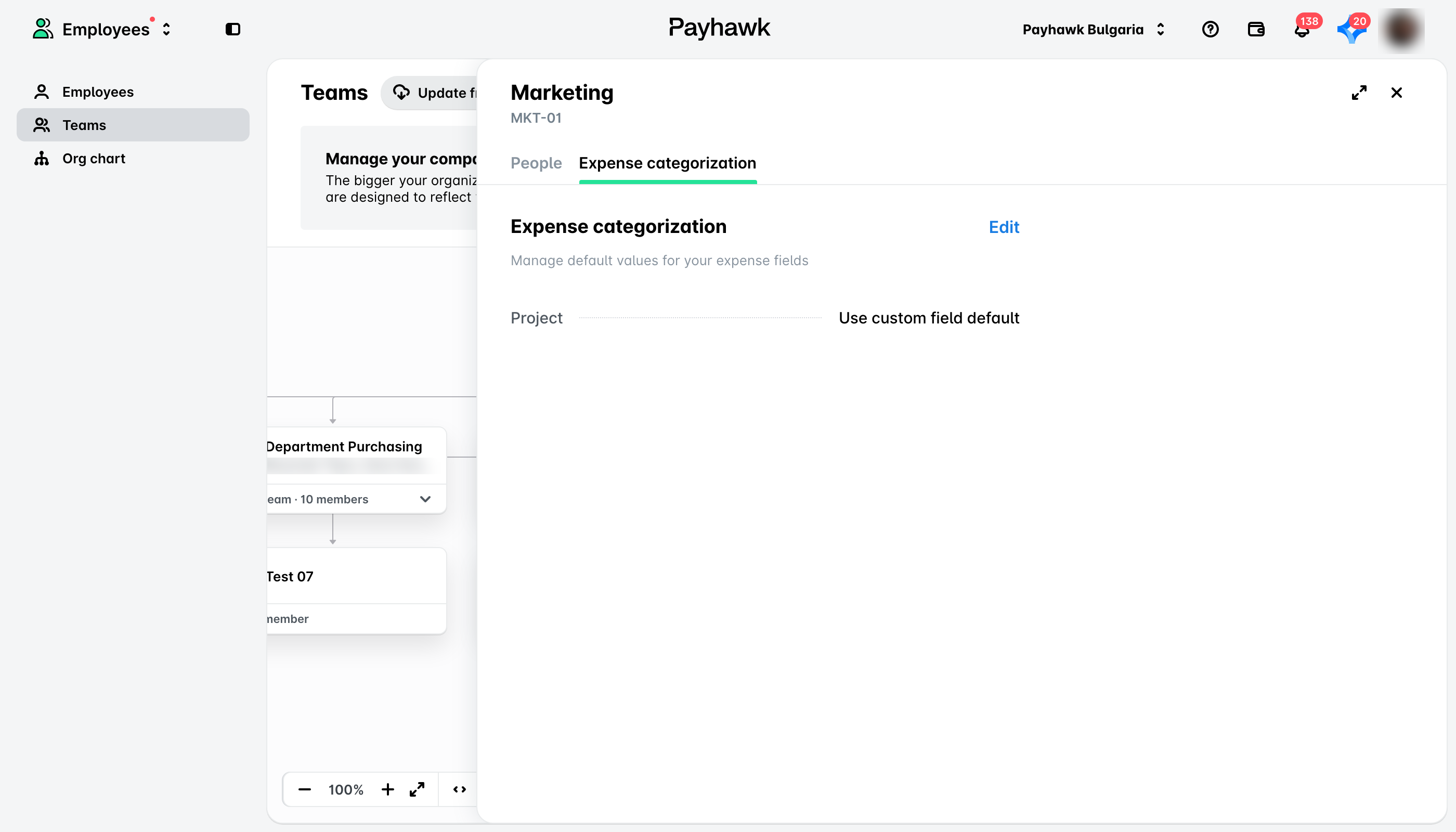 Employees app, Teams: the Marketing team open on the Expense categorization tab with the Edit button.