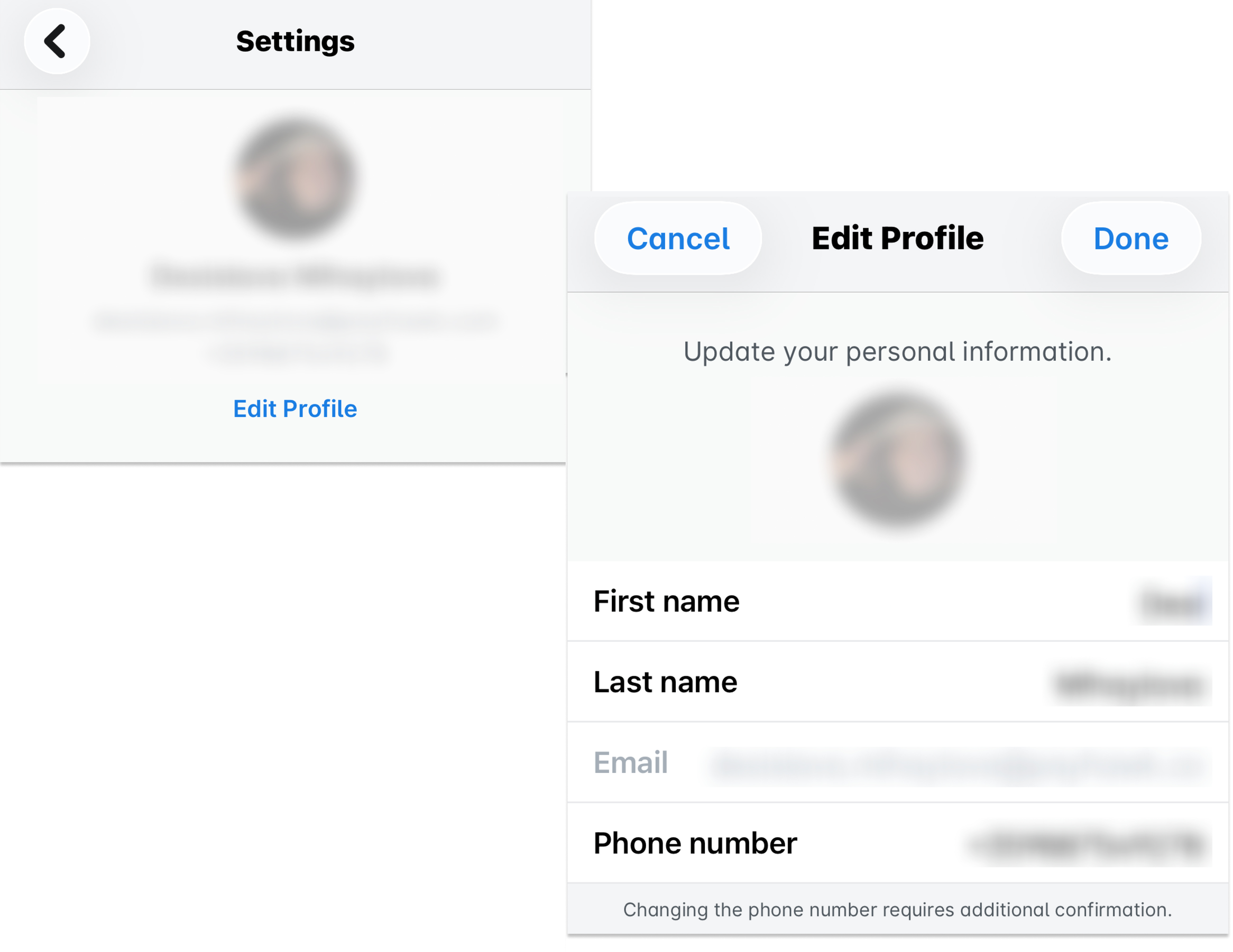 Mobile Payhawk-App: der Bildschirm Einstellungen mit Profil bearbeiten und der Bildschirm Profil bearbeiten mit den Feldern Vorname, Nachname, E-Mail und Telefonnummer sowie den Schaltflächen Abbrechen und Fertig.