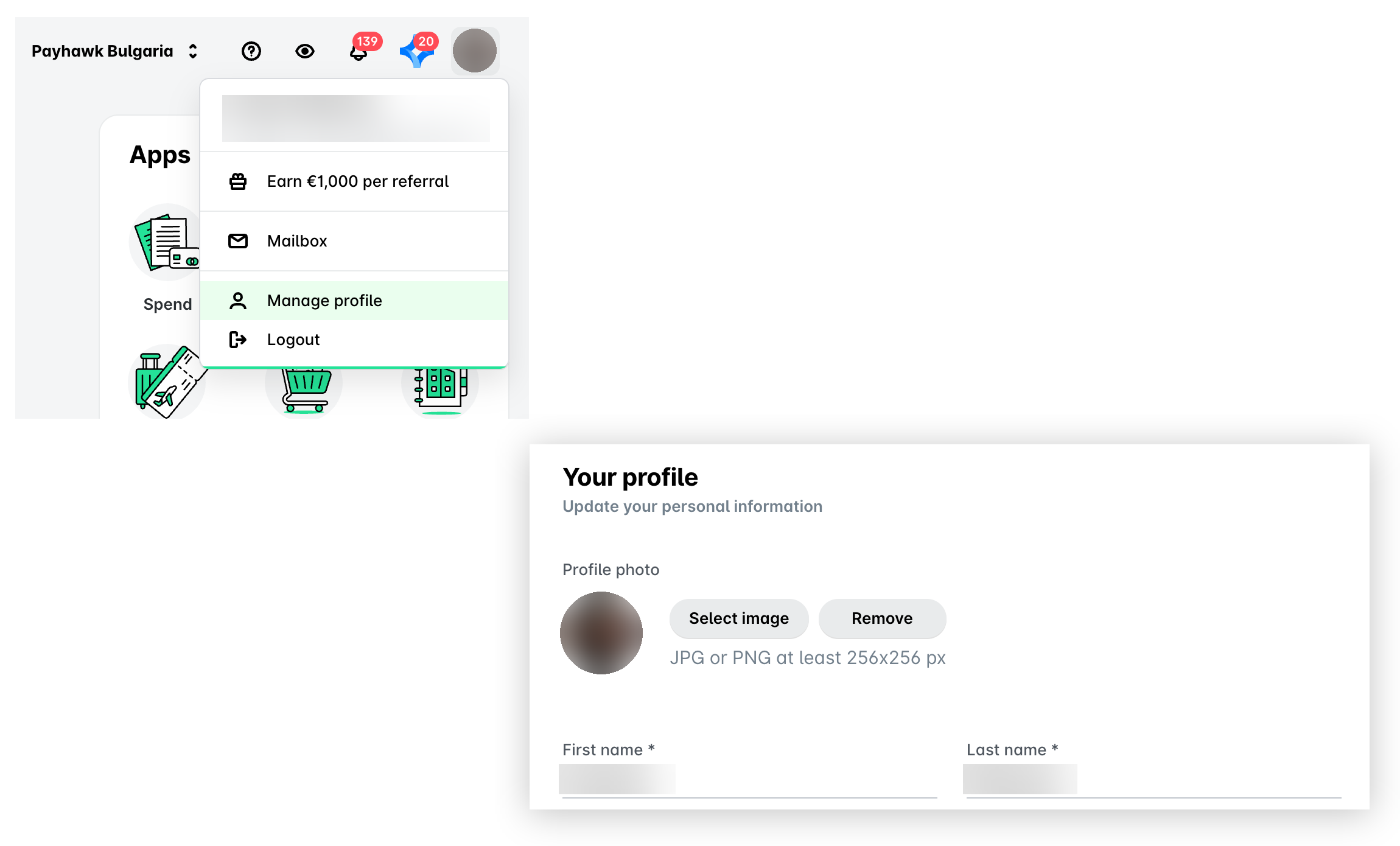Payhawk-Webportal: das Menü unter Ihrem Profilbild mit hervorgehobenem Profil verwalten und der Bildschirm Ihr Profil mit den Feldern Vorname und Nachname.