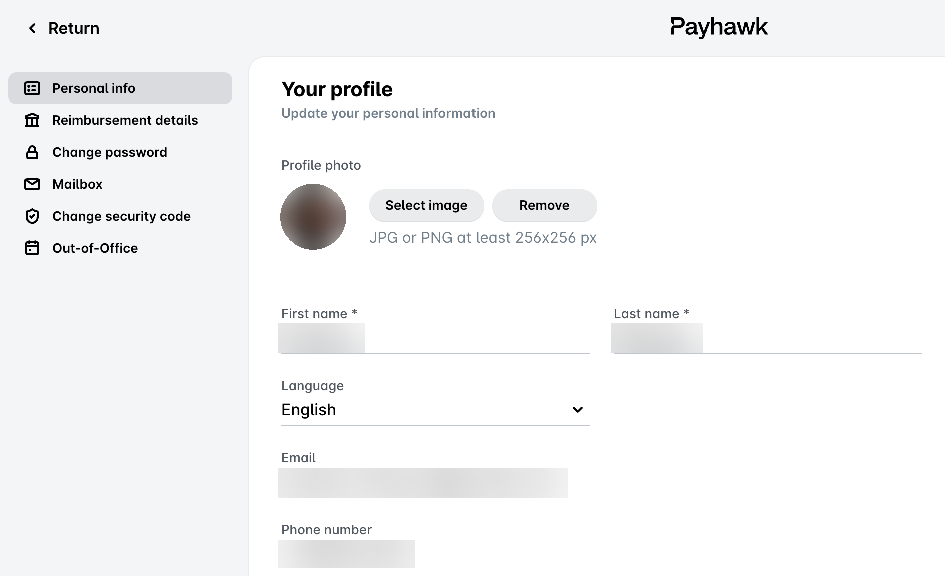 Seite Ihr Profil im Payhawk-Webportal unter Persönliche Angaben mit dem Bereich Profilfoto und den Schaltflächen Bild auswählen und Entfernen.