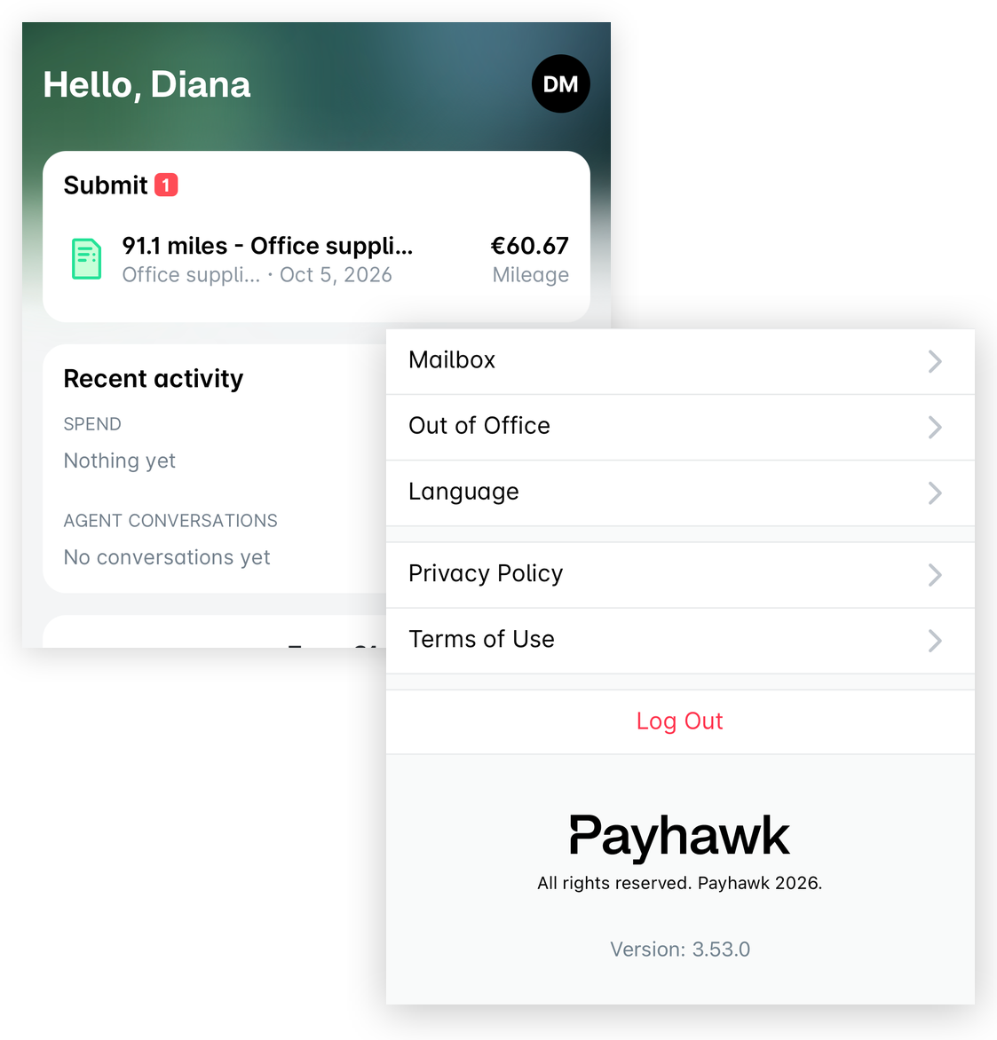 Mobiele Payhawk-app: het startscherm met het profielpictogram, en de onderkant van het scherm Instellingen met de appversie onder Uitloggen.