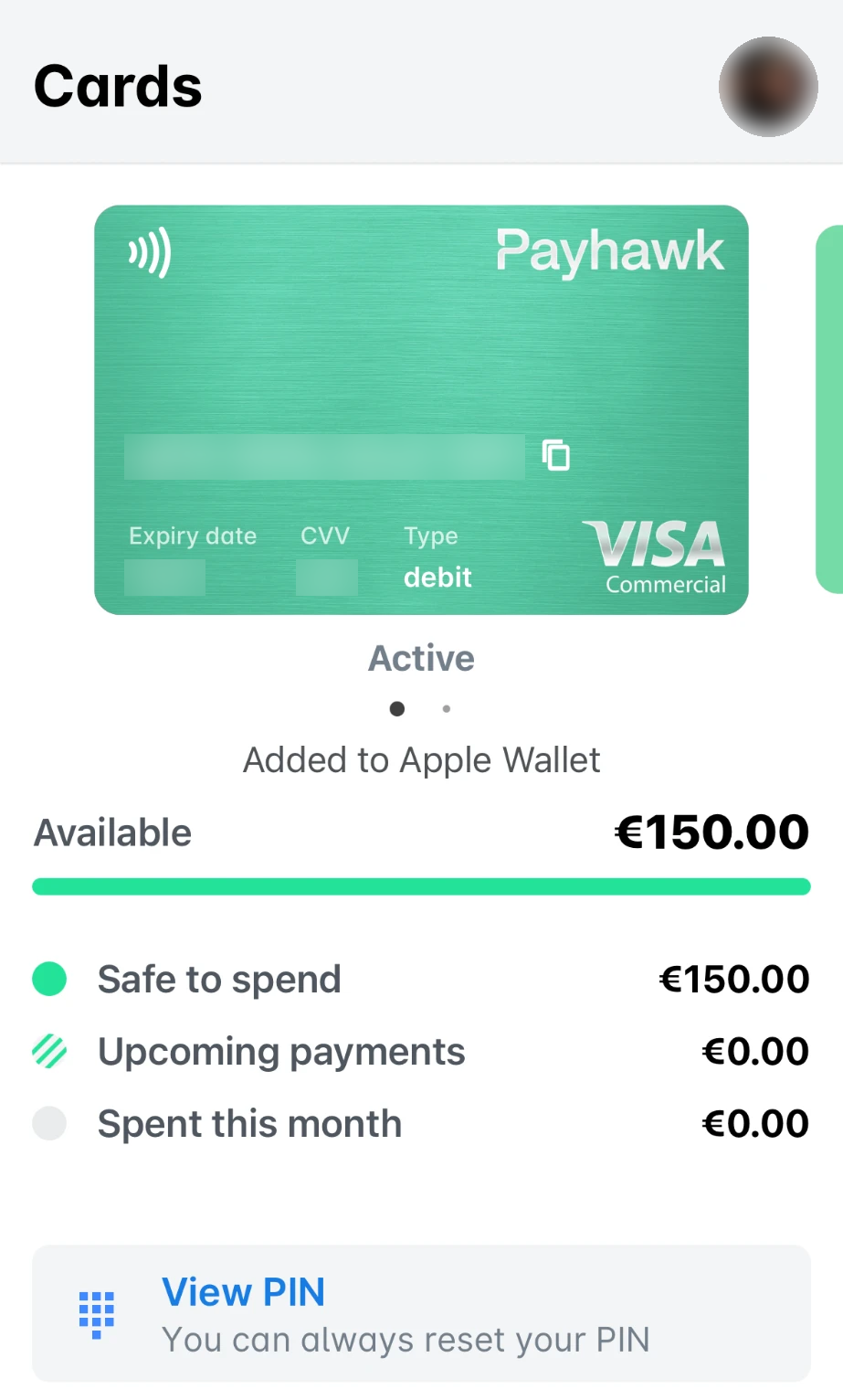 Payhawk Mobile App: an active card in Cards with the card details blurred, the available balance and the View PIN option.