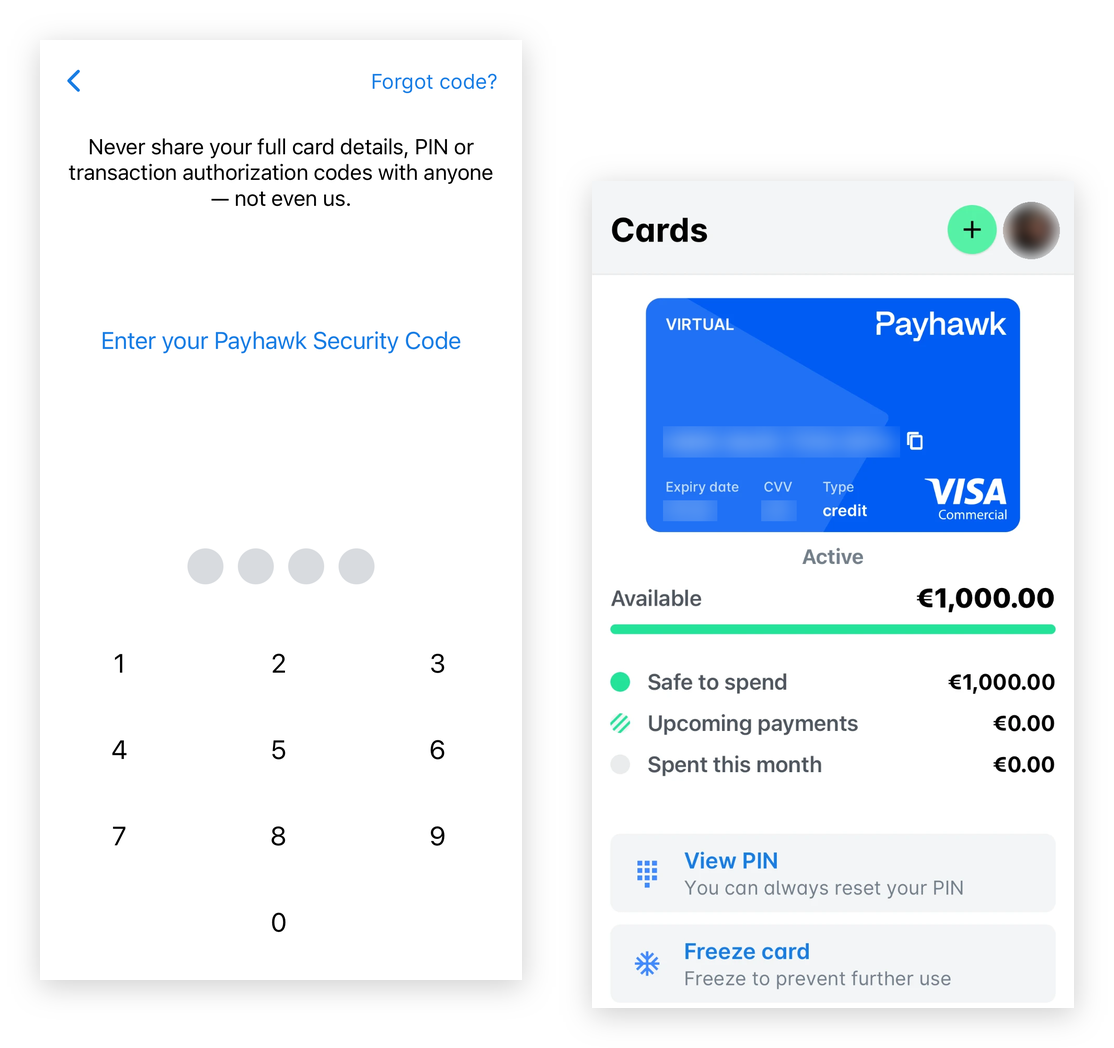 Payhawk Mobile App: the security code screen and a virtual card in Cards with the card details blurred, the available balance and the View PIN option.