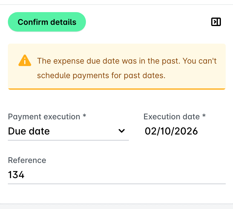 Ausführung der Zahlung einer Rechnung auf Fälligkeitsdatum gesetzt, mit einer Warnung, dass Zahlungen nicht für vergangene Daten geplant werden können.