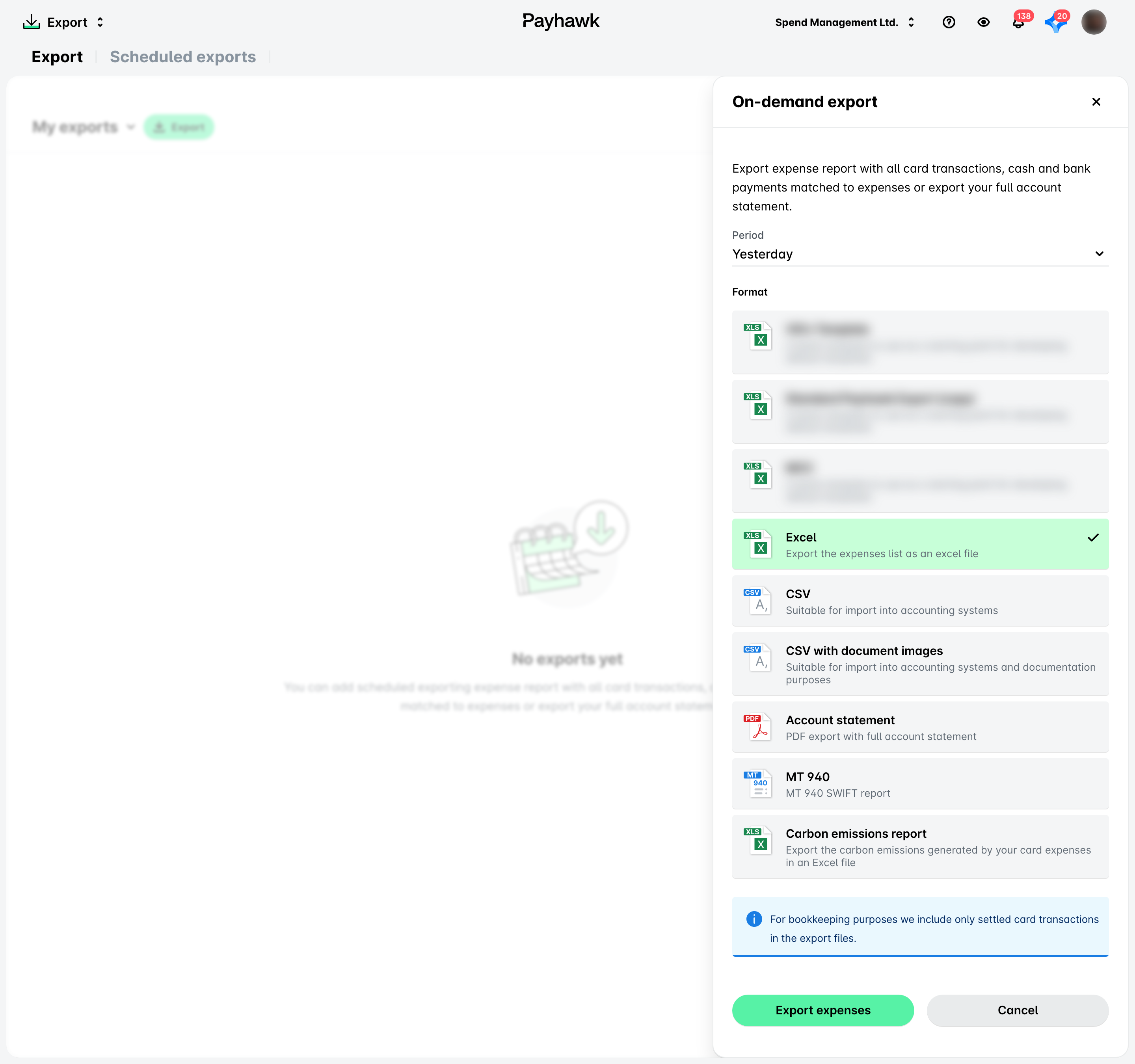 Bereich Export auf Abruf in Export mit ausgewähltem Excel-Format.