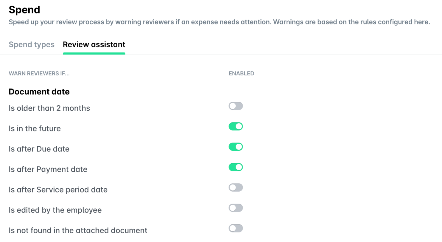 The Review assistant tab in Settings > Spend, showing the Document date warning rules with a toggle button for each rule