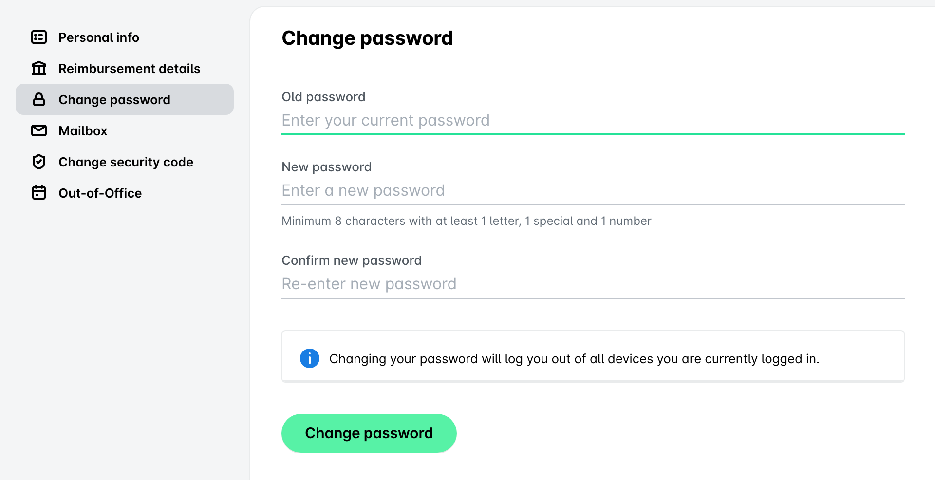 Change password page in Manage profile in the Payhawk Web Portal, with the Old password, New password and Confirm new password fields and the Change password button