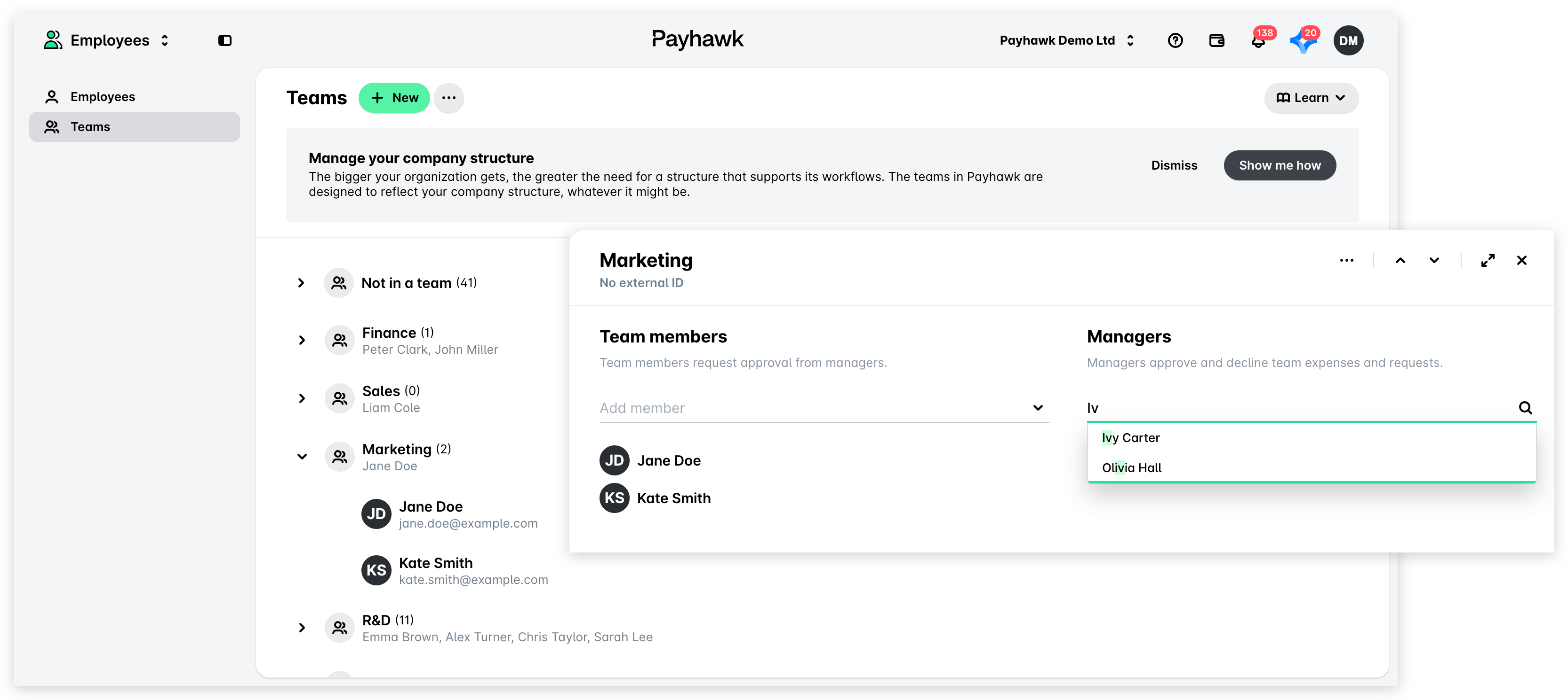 The Teams page with a team's panel open and the Add manager drop-down menu filtered by name.