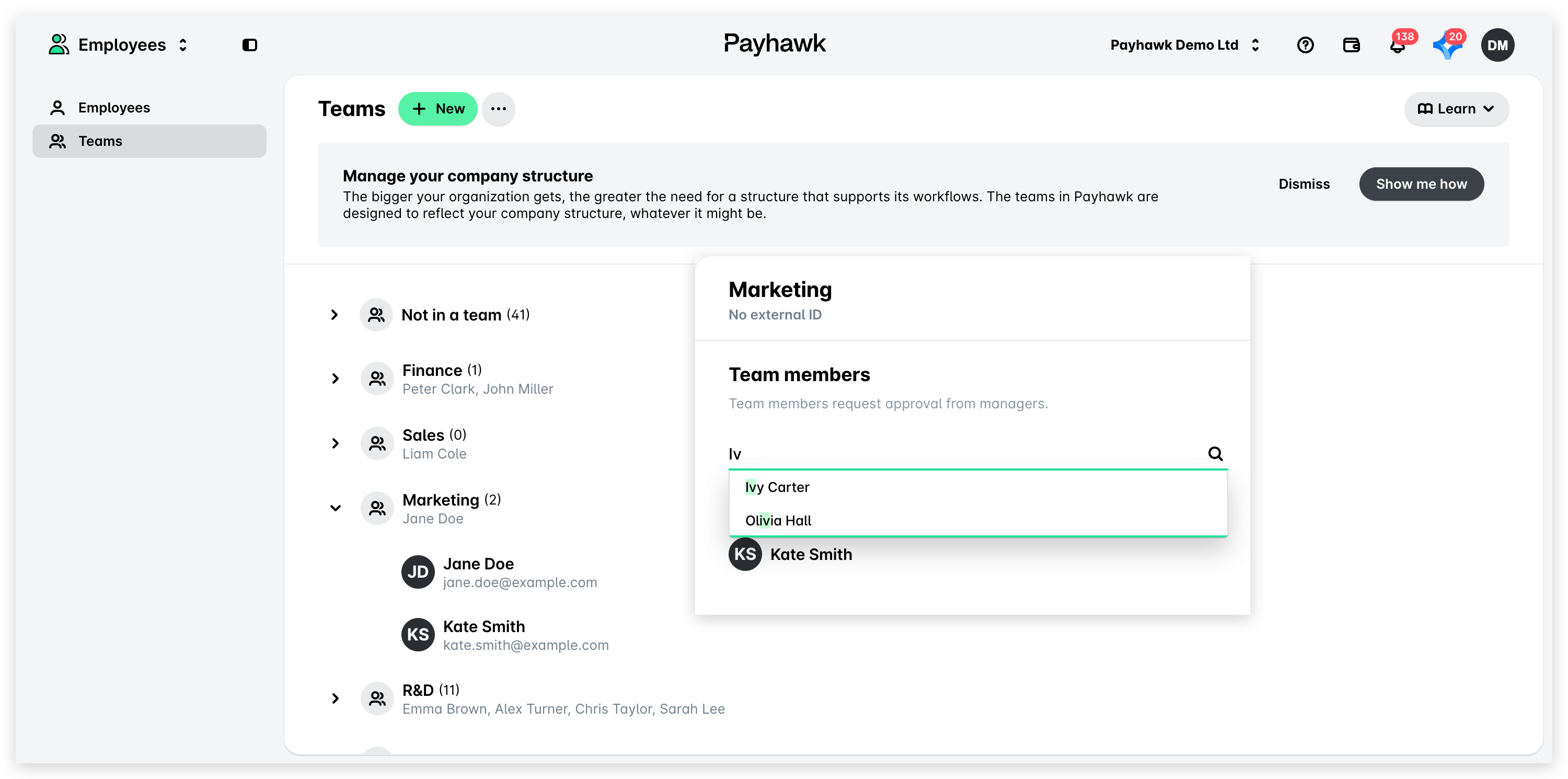 The Teams page with a team's panel open and the Add member drop-down menu filtered by name.