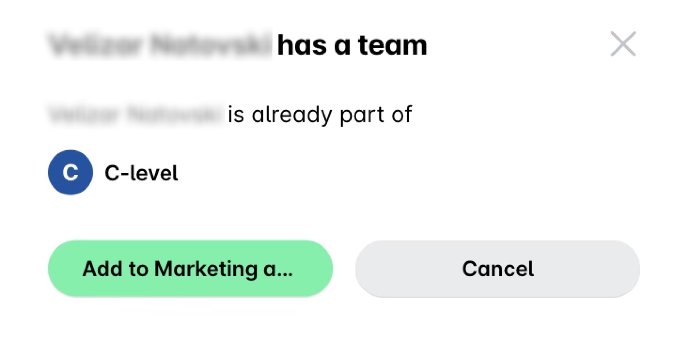 Message that the employee is already in another team, with the button to add them to the team.