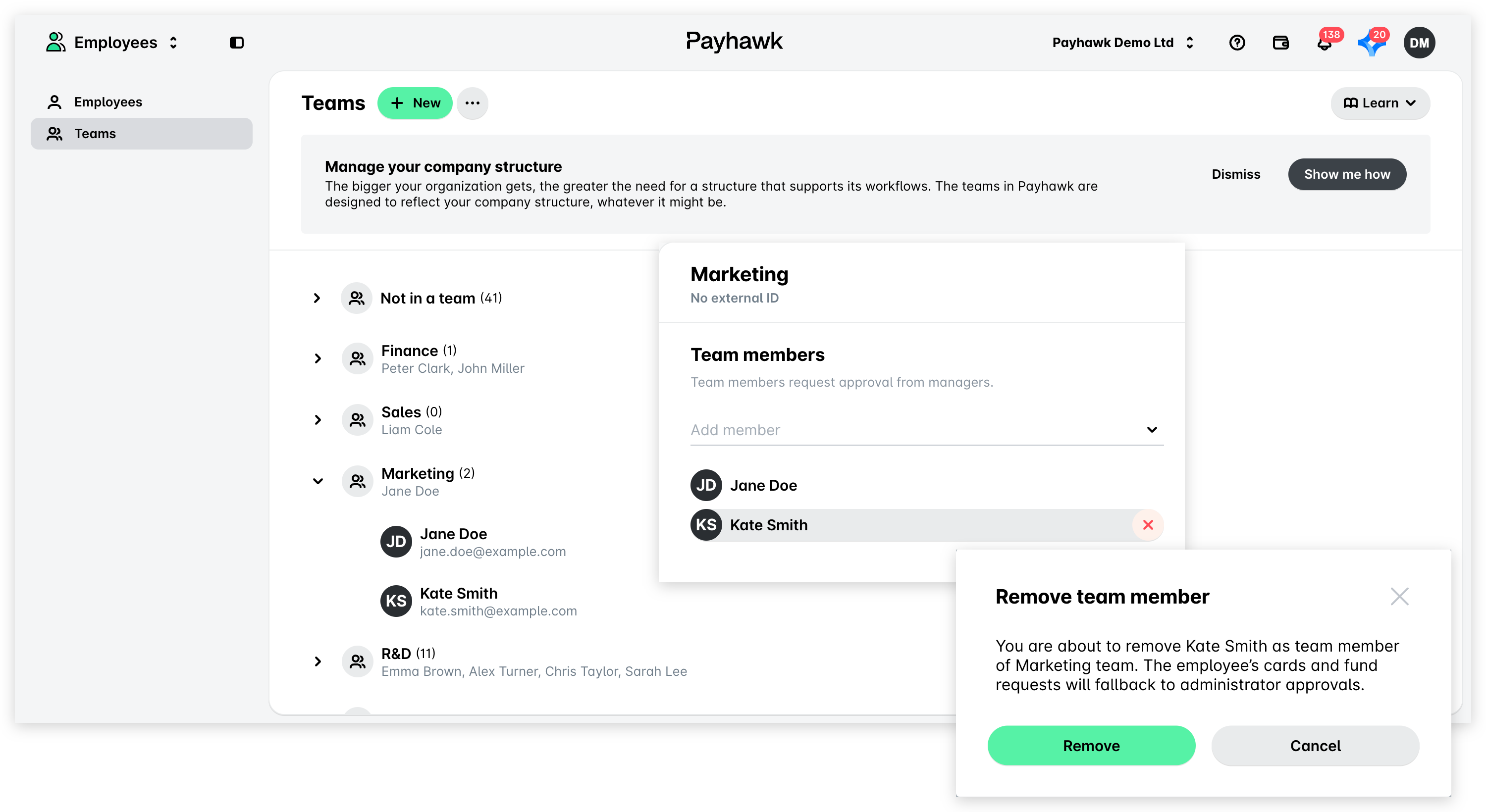 Removing a team member with the X button next to their name, and the Remove team member dialog.