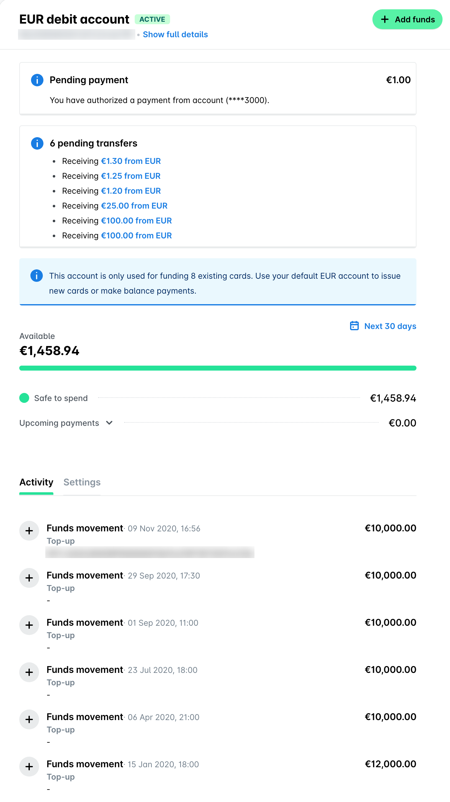 EUR debit account panel with pending transfers, the available balance, and settled top-ups listed under Activity.