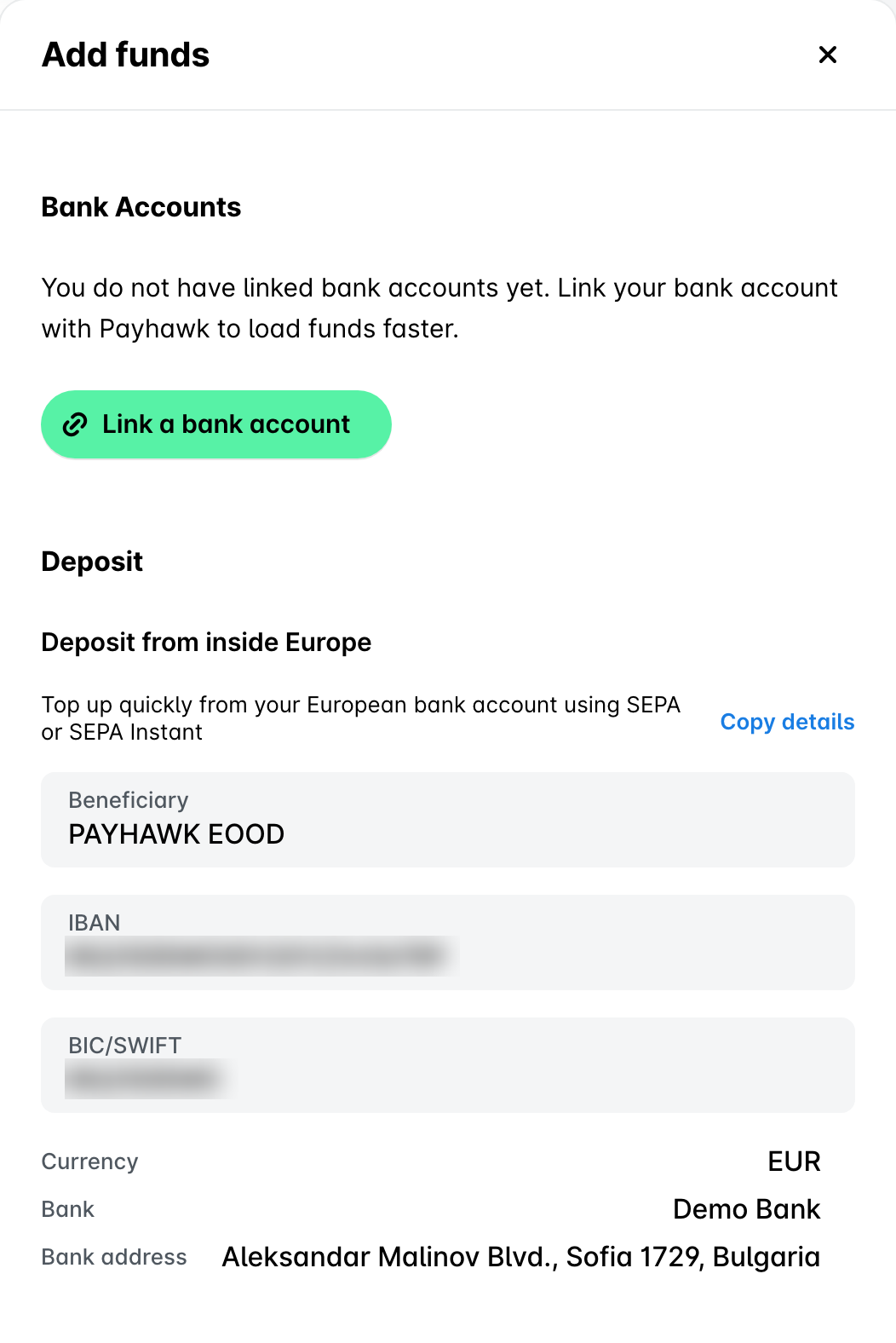 Add funds panel showing that no bank accounts are linked yet, the Link a bank account button, and the account's deposit details: beneficiary, IBAN, BIC/SWIFT, currency and bank.