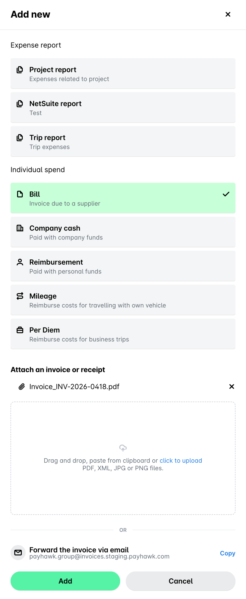 Add new panel in Spend with Bill selected under Individual spend, an invoice attached and the Add button ready.