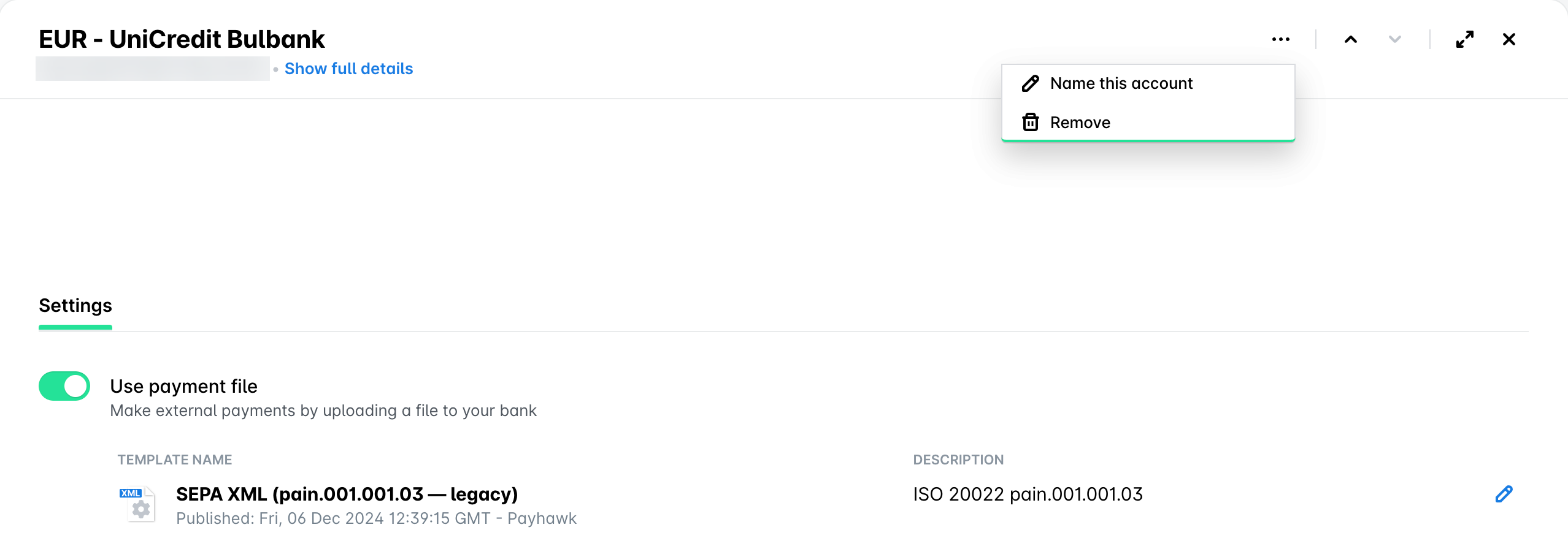 Three-dot menu of an external bank account open, showing Name this account and Remove.