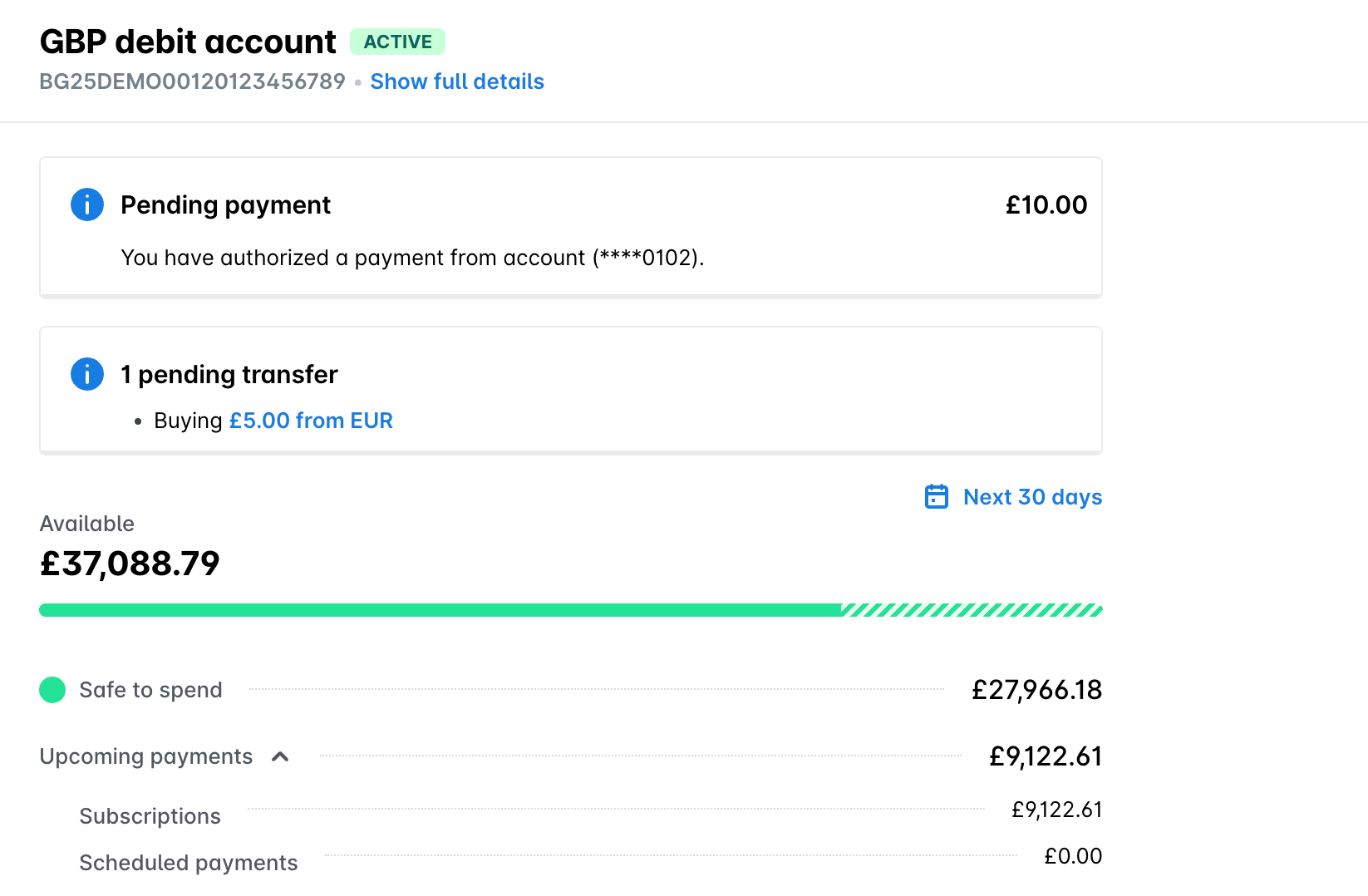 GBP debit account in Funds showing Available, Safe to spend and the expanded Upcoming payments with Subscriptions and Scheduled payments.