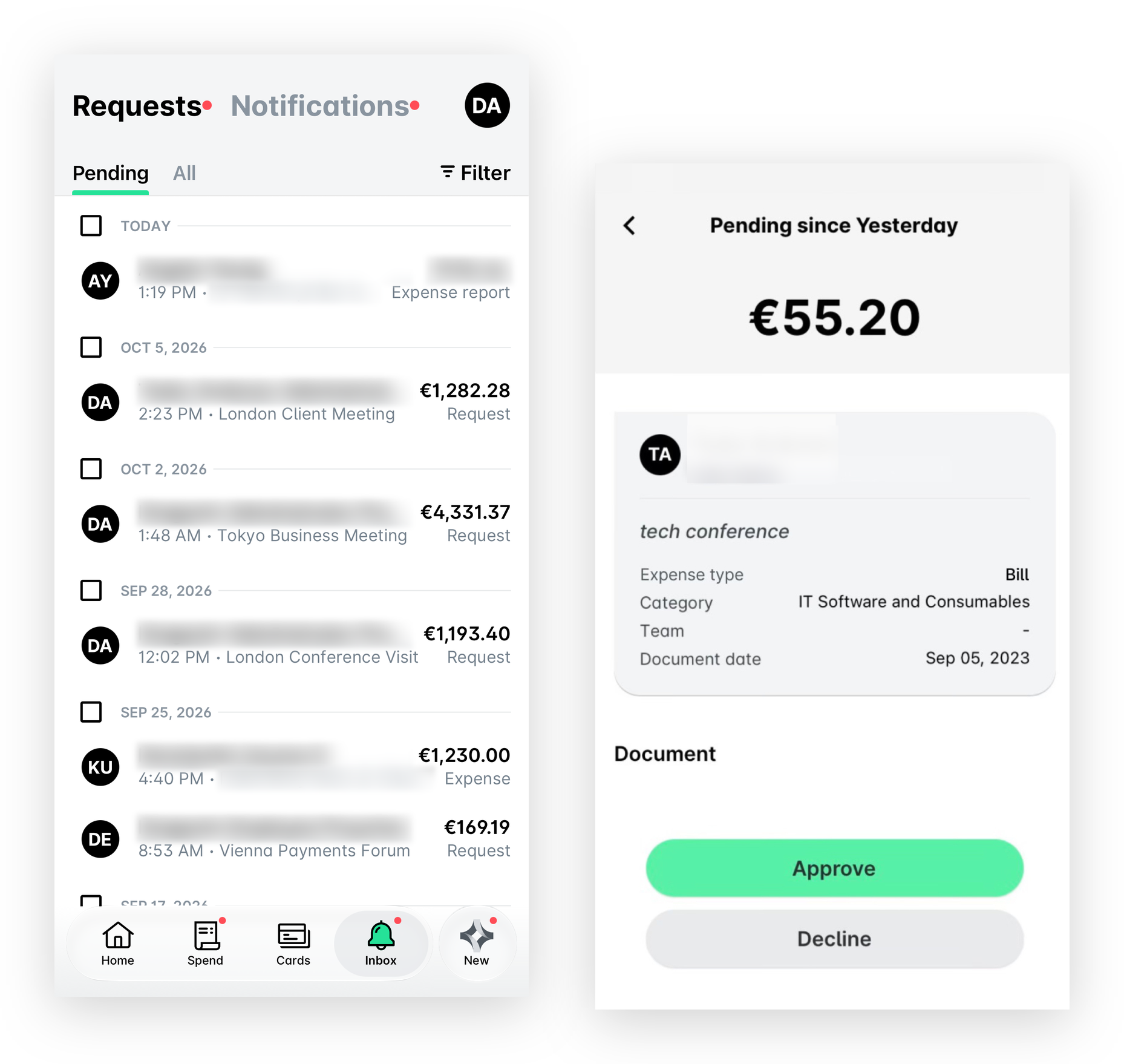 Posteingang der mobilen Payhawk-App mit der Liste der Anträge und einem geöffneten ausstehenden Ausgabenantrag mit den Schaltflächen Genehmigen und Ablehnen.
