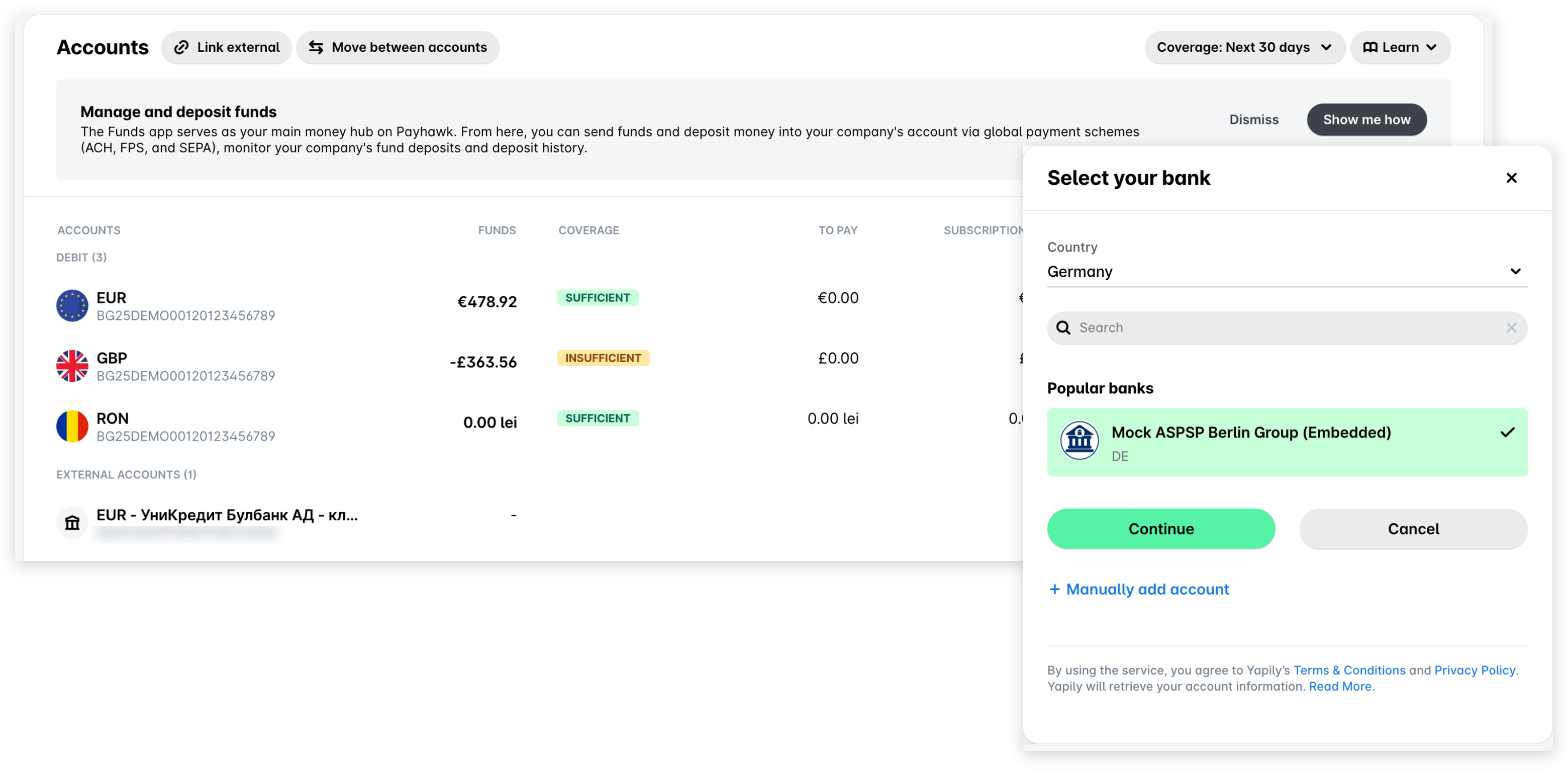 Funds page with the Link external button, and the Select your bank panel with a country and a bank selected.