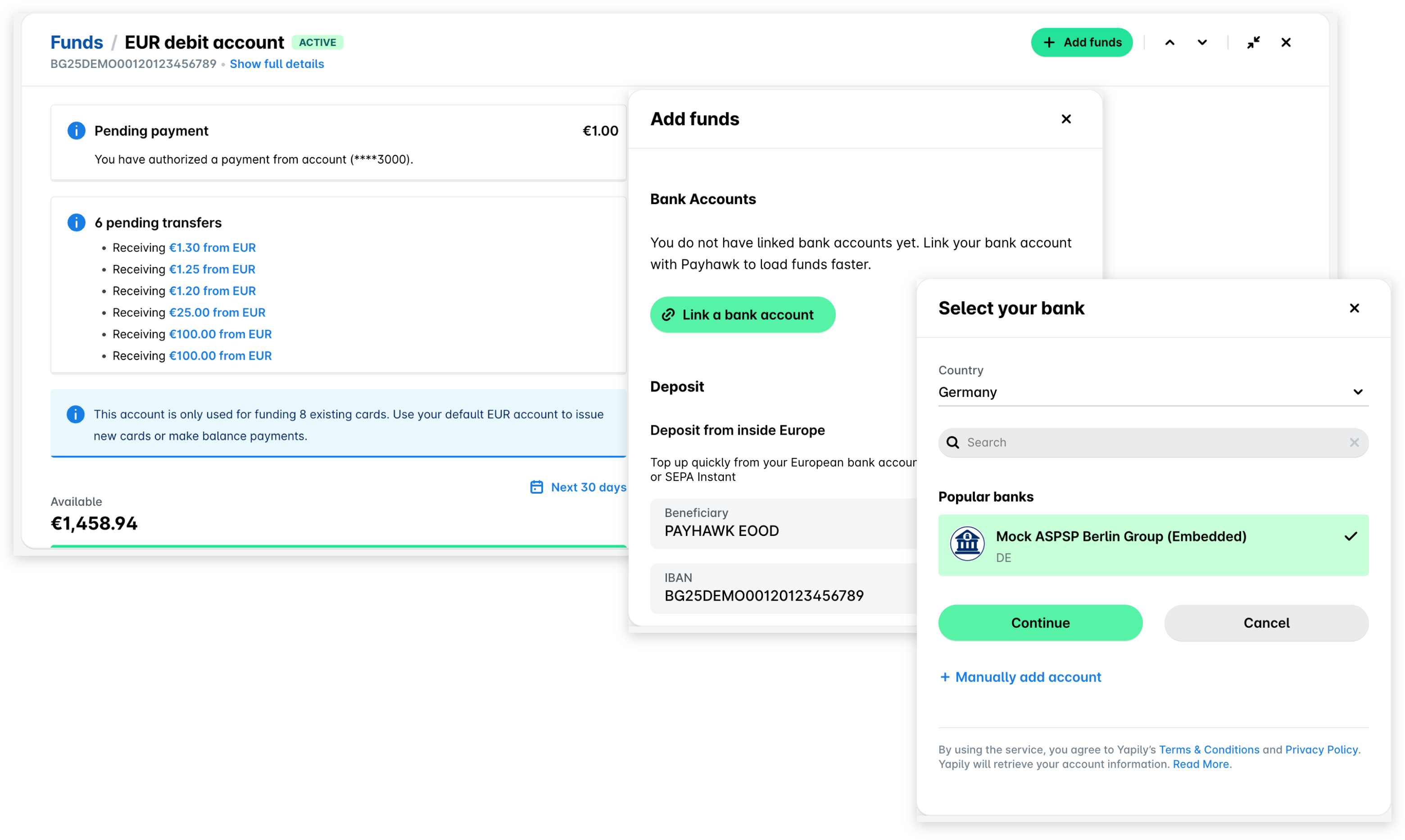 Currency account in Funds with the Add funds panel and its Link a bank account button, followed by the Select your bank panel.
