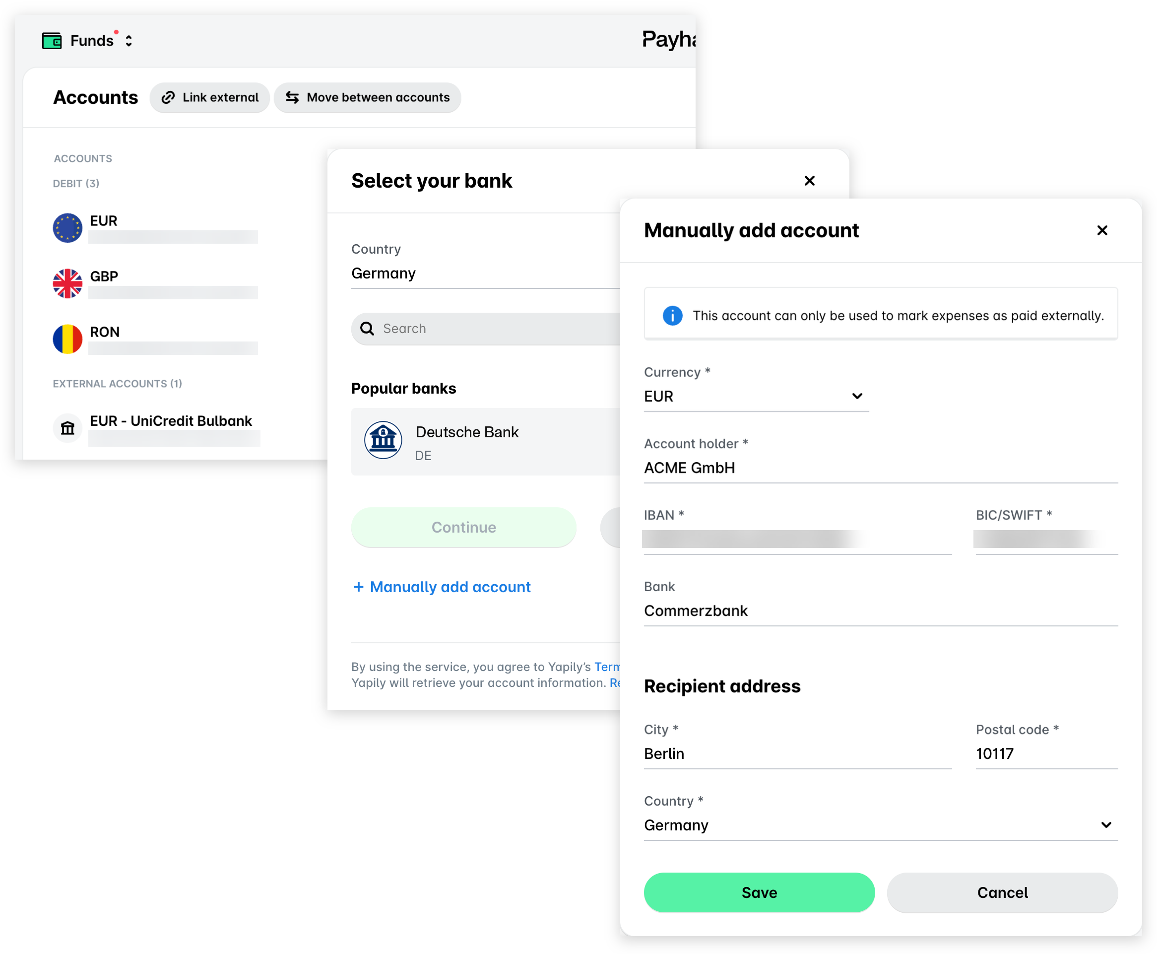 Funds accounts list with the Link external button, the Select your bank panel and the Manually add account form filled in.