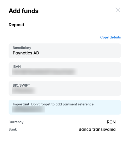 Form for adding funds with important payment reference and bank details highlighted.