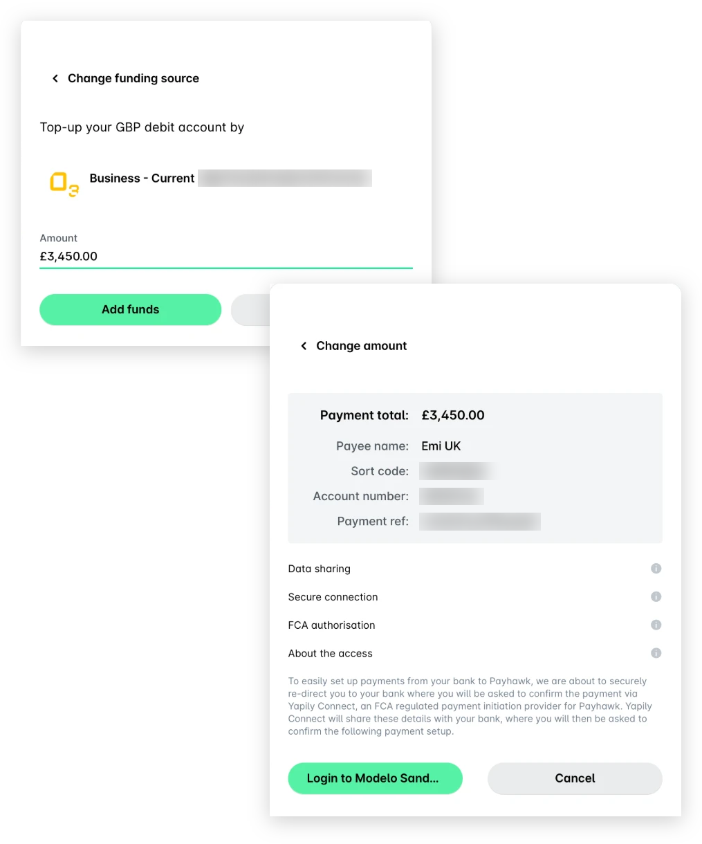 Change funding source panel with the selected linked account, the amount and the Add funds button, followed by the payment summary with the button to log in to your bank and authorize the top-up.