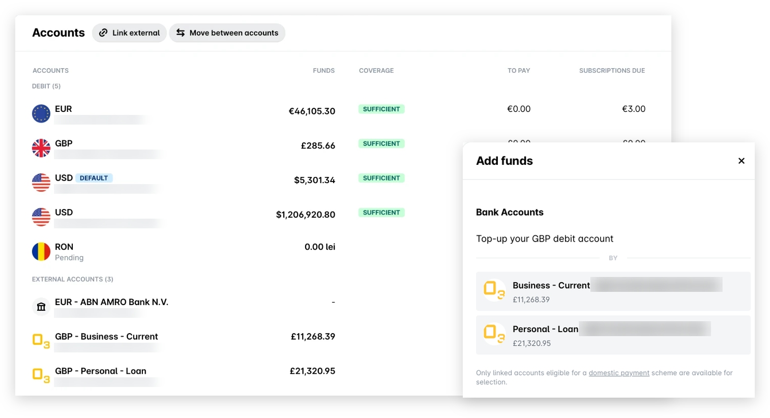 Funds accounts list with the linked external accounts, and the Add funds panel listing the linked bank accounts you can top up your GBP debit account from.
