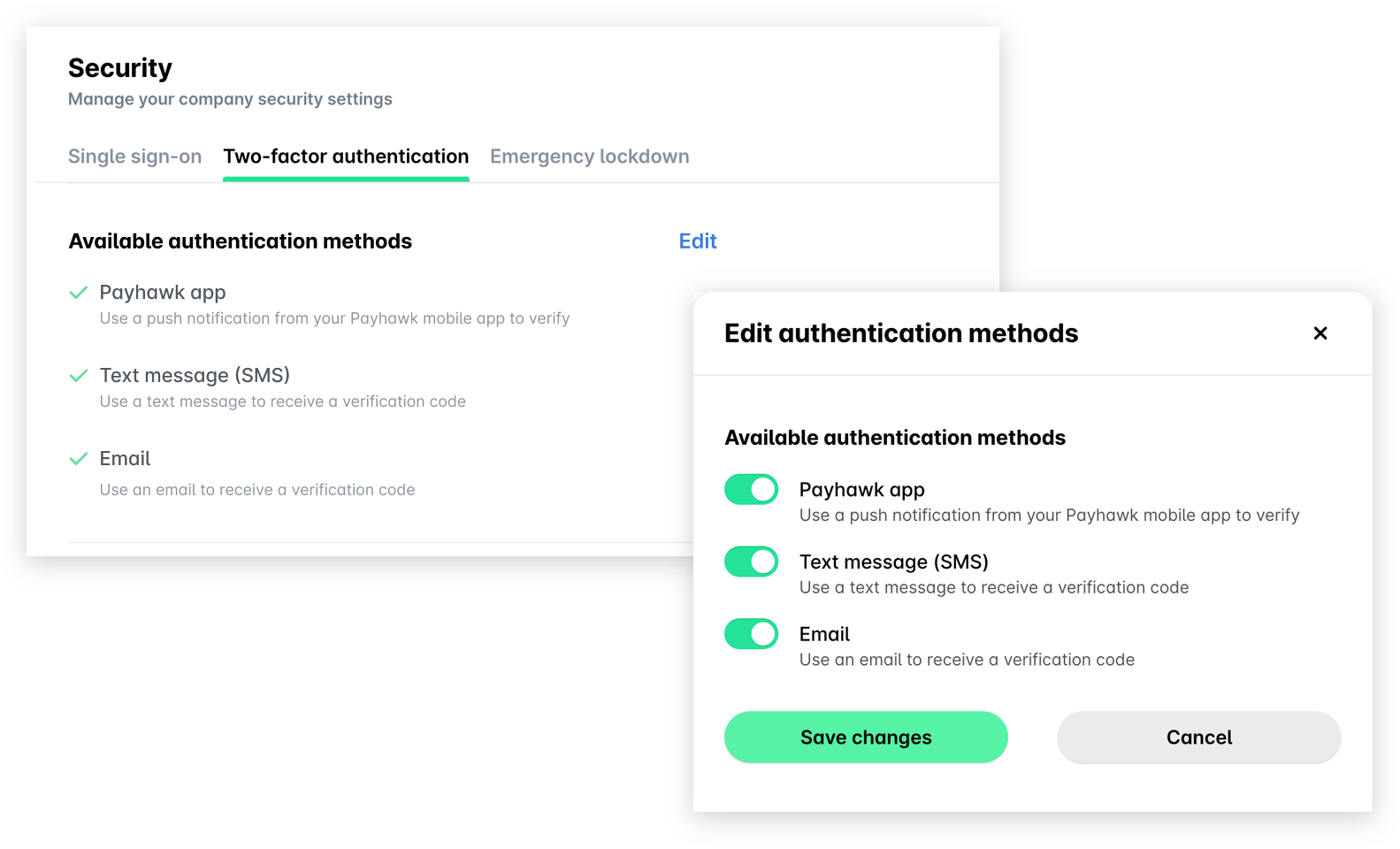 The Two-factor authentication tab with the Edit link next to Available authentication methods and the Edit authentication methods panel open.