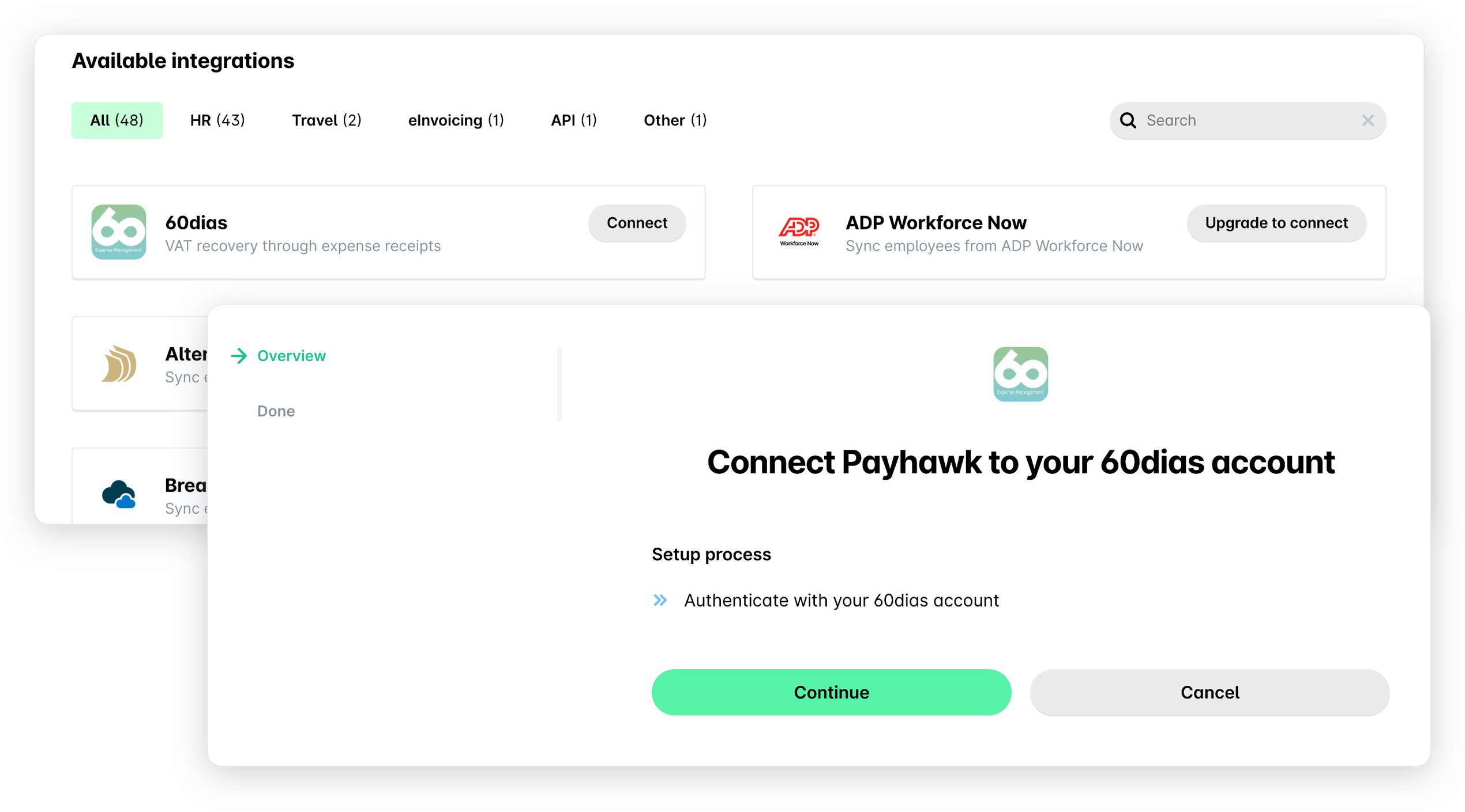 Beschikbare integraties in Instellingen met de knop Verbinden voor 60dias, en de pagina om Payhawk te verbinden met je 60dias-account met de knop Doorgaan.